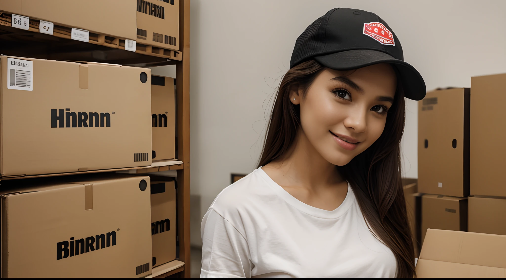 RAW Photo, DSLR BREAK (kkw-ph1:0.9) BREAK half body portrait of 1 young 20yo woman, holding a big box, holding a large box, brown hair, wearing plain white t shirt, plain white trucker cap, perfect eyes, perfect lips, perfect nose, professional color graded, wonderful woman, ecommerce background, warehouse background, cute woman, medium tits , smiling, filipina, pinay, filipino woman, showing butt, rule of thirds shot