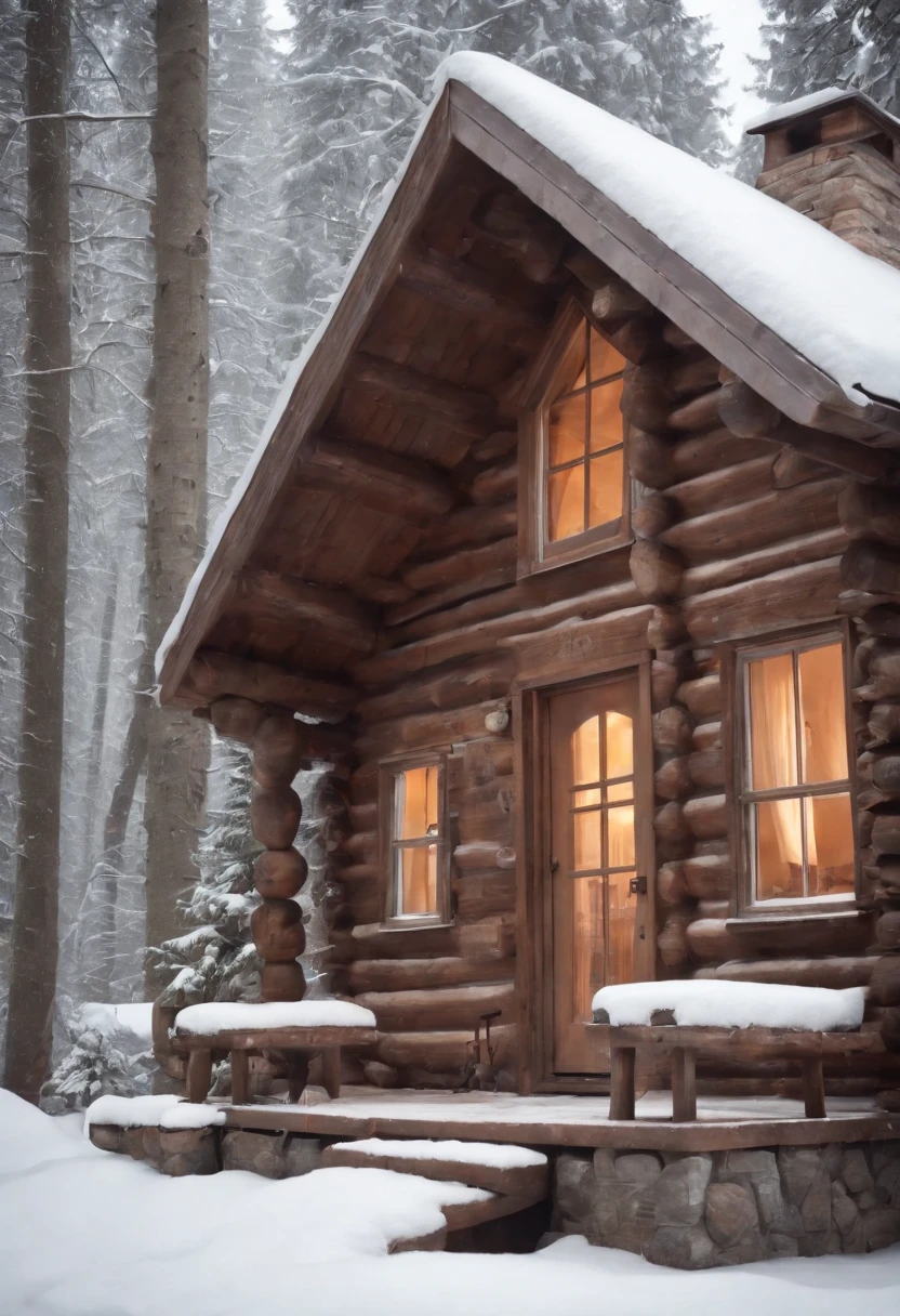 (masterpiece) (best quality) (ultra realistic) (detailed) (hd) snowy log cabin in the woods, cosy, warm, winter landscape
