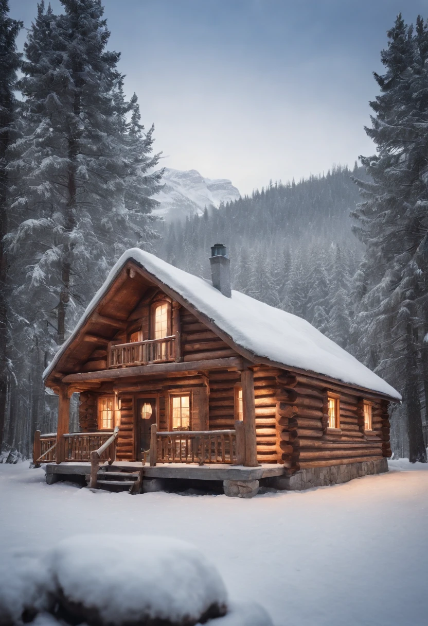 (masterpiece) (best quality) (ultra realistic) (detailed) (hd) snowy log cabin in the woods, cosy, warm, winter landscape