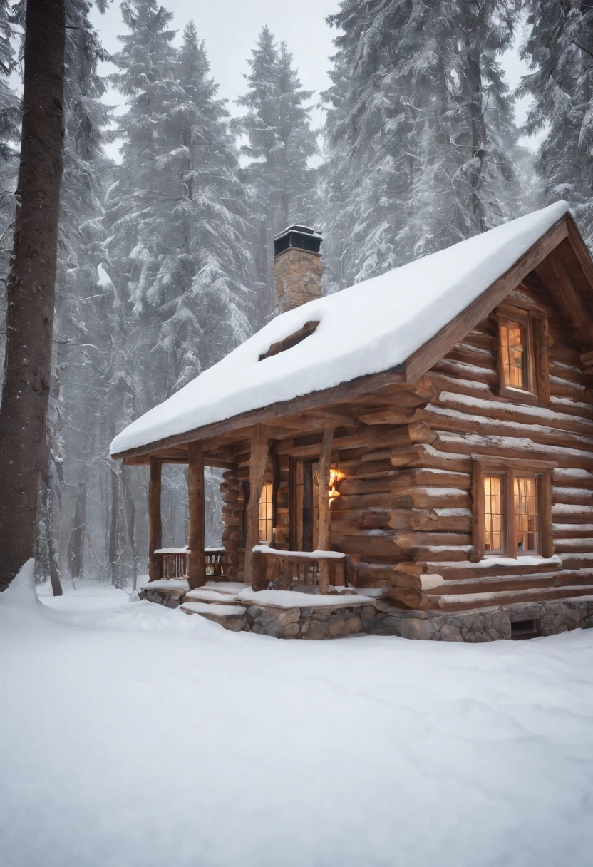 (masterpiece) (best quality) (ultra realistic) (detailed) (hd) snowy log cabin in the woods, cosy, warm, winter landscape