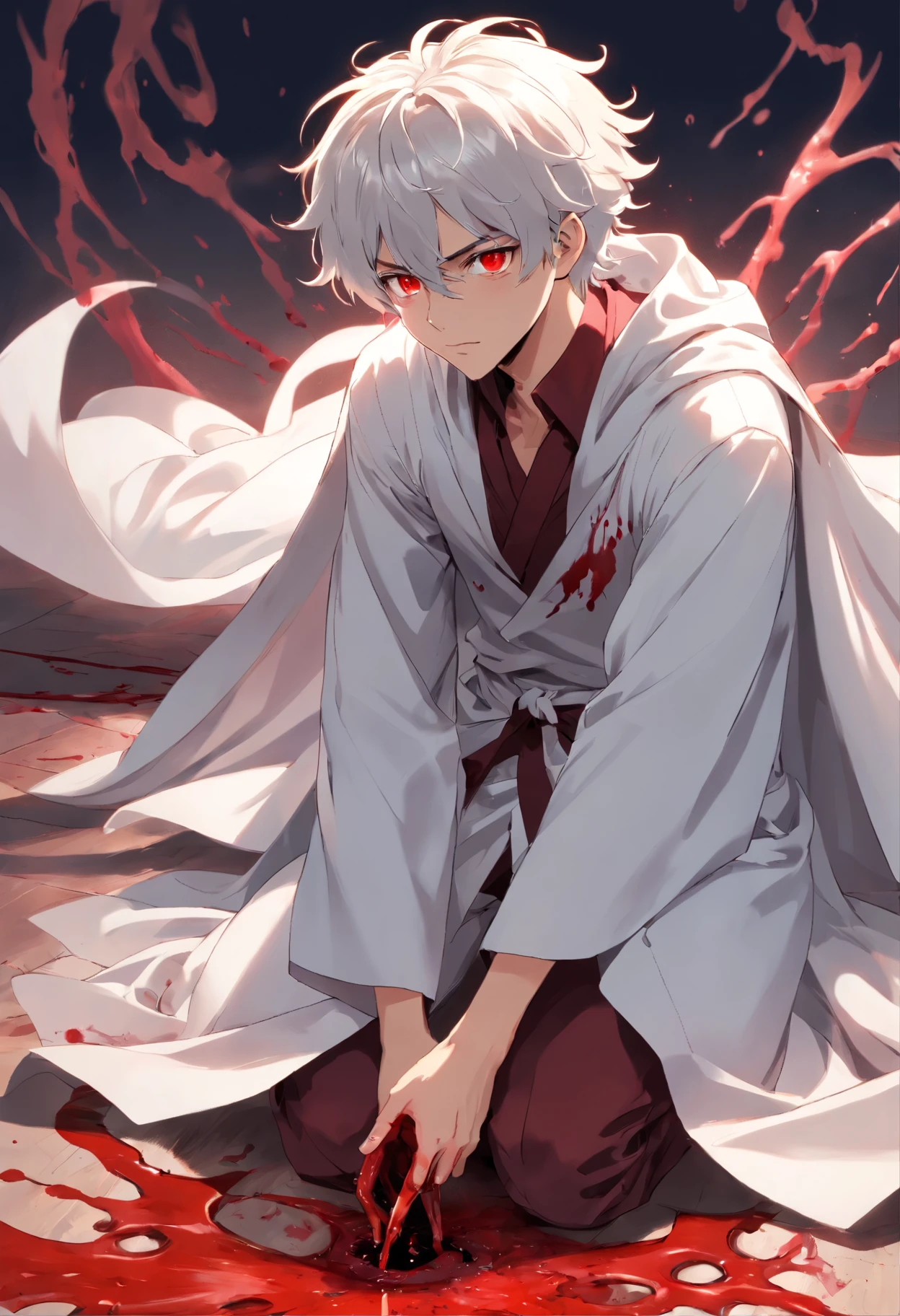 A young  man with curly white hair and blood-red eyes in a white outfit is a black cape tied with blood on the body on the floor, a pile of corpses with blood on the floor;