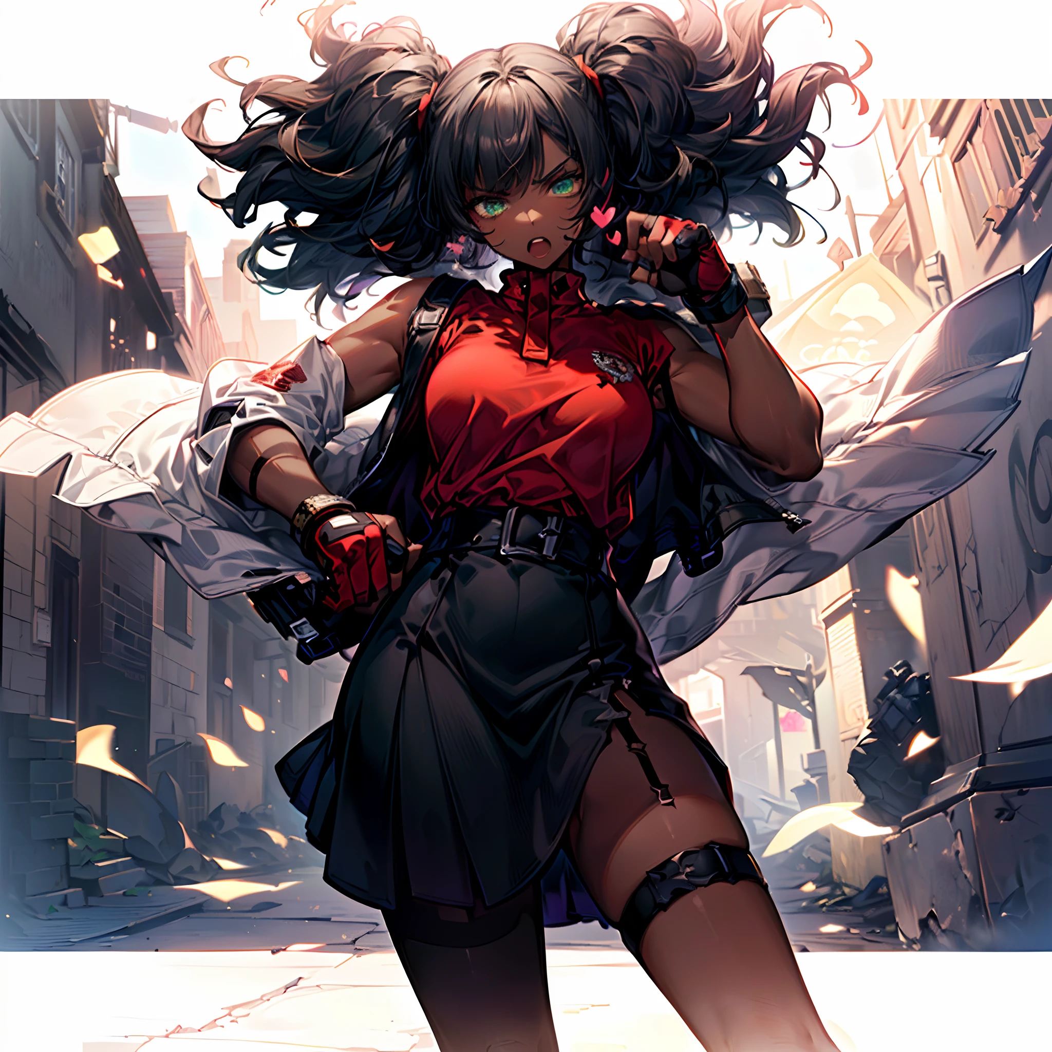 (best quality, (Darkskin woman, (form fitting high waist black and red minidress and  red underwear):2, sneakers, garter belt, bracelet, fingerless gloves, carrying a bat):10 ,( amazing dark skin,Diamond And Glaring detailed  green eyes, loose split-color 
 purple and black hair, soft circular face, convexed wide nose. strong, toned and stocky, round hips, medium breasts, heart-shaped rear. brawler, spy, shy, reserved, courageous, Ki power, )::10 afternoon, cascading sun, walking, Neo-Brooklyn,surrounded, mystical atmosphere of power, danger, and excitement ((((( unreal engine, blender )))), (((Rival schools, edayn, Alex "oh8" Ahad, perfect piece, perfect prose.)))(( full body, ultra-HD masterpiece, highest quality, highly detailed, fighting game Cg, splash art, low angle shot,Beautiful Deatailed Shadow,Incredibly Absurdres.))