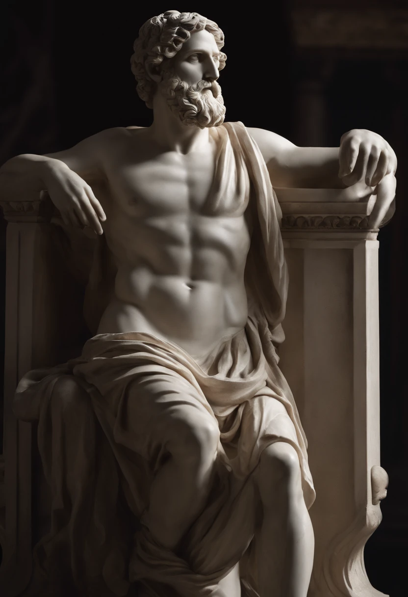 Create a cinematic representation of a Greek statue of philosophy, from the waist up, wearing period clothing and with period writing in hand, in 8K resolution, against a dark backdrop. The statue must capture the essence of classical Greek philosophy, with precise details in the sculpture of the bearded face and the characteristic clothing of the period. The character must hold the writing of the time in a meaningful way, as if they are about to share knowledge through the written word. The dark background should highlight the beauty and grandeur of the statue, creating a dramatic contrast. The image should convey a sense of reverence for Greek philosophy and its importance in the history of human thought. Make sure the image quality is top-notch, with 8K resolution, to highlight every detail of the sculpture, period clothing, and writing.