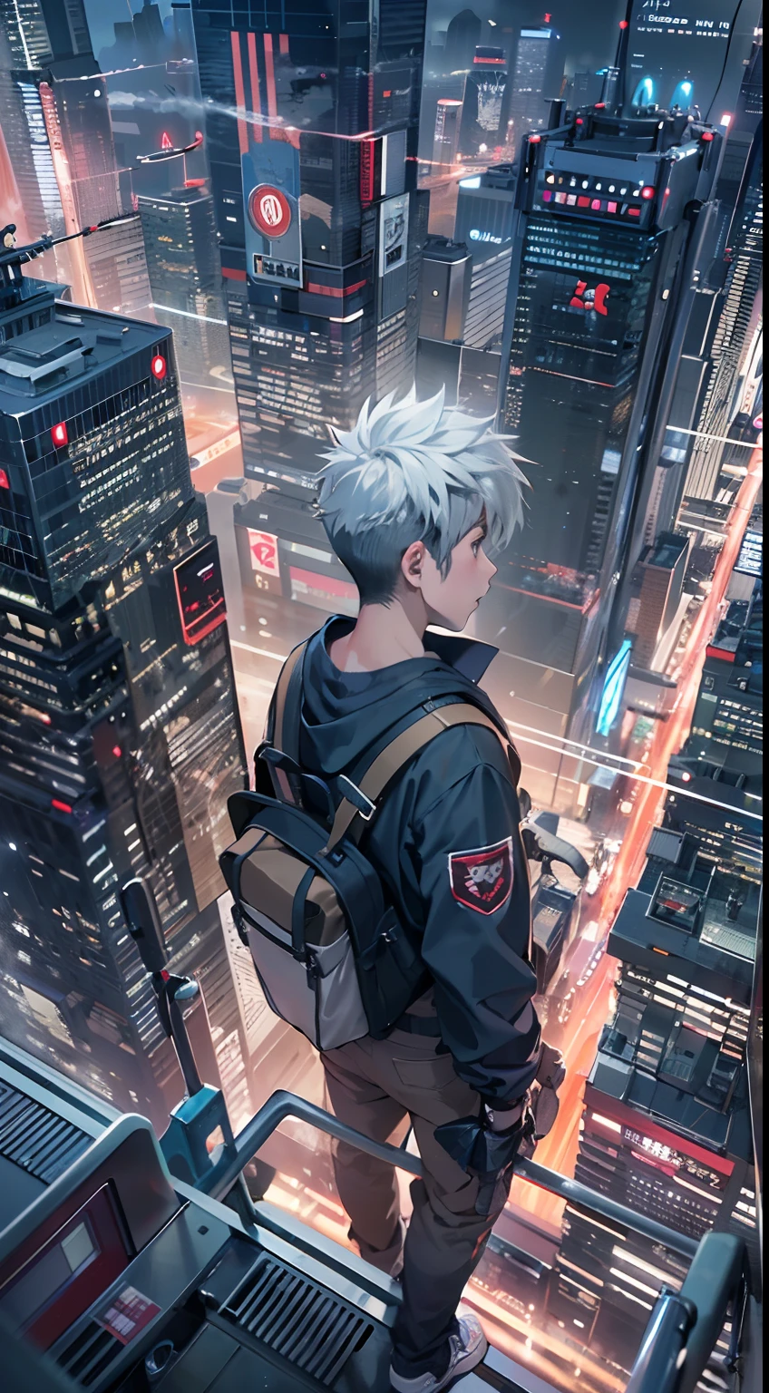 1boy,( boy:1.5)、Anime-style protagonist、Cyberpunk Boy、silber hair、Spiky hairstyle、machine gun、Japan sword on the back、Whole body bloody、Upper body only shots、Overhead view of the composition、The beginning of the adventure、Lots of clouds,heavy fog、Moon,Lightning、Chaotic city of the future、Movie dystopia、A group of very tall skyscrapers stands in the center、Very complex cityscape,Crowded Chinese skyscrapers、street signs、streetlights、taxis、buses、Train、Warm lighting,Dark road、puddles、Chaotic、Beautiful and fantastic scenery、Cinematic scenery、hightquality、masutepiece,in 8K、hight resolution、