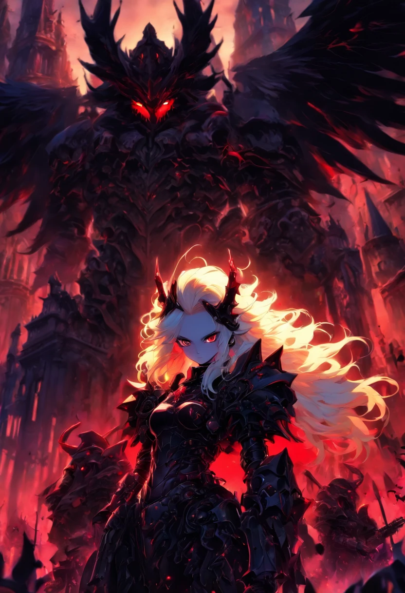 queen power armor little girl , (gothic style) , bellybutton, The most beautiful and sexy demon goddess, long white hair, glowing red eyes, wearing detailed black gothic battle armor, black angel wings, tattoos and piercings, gothic castle, perfect masterpiece, high quality, high resolution, ((horror girl)), (blood big armor, (lots of chains),