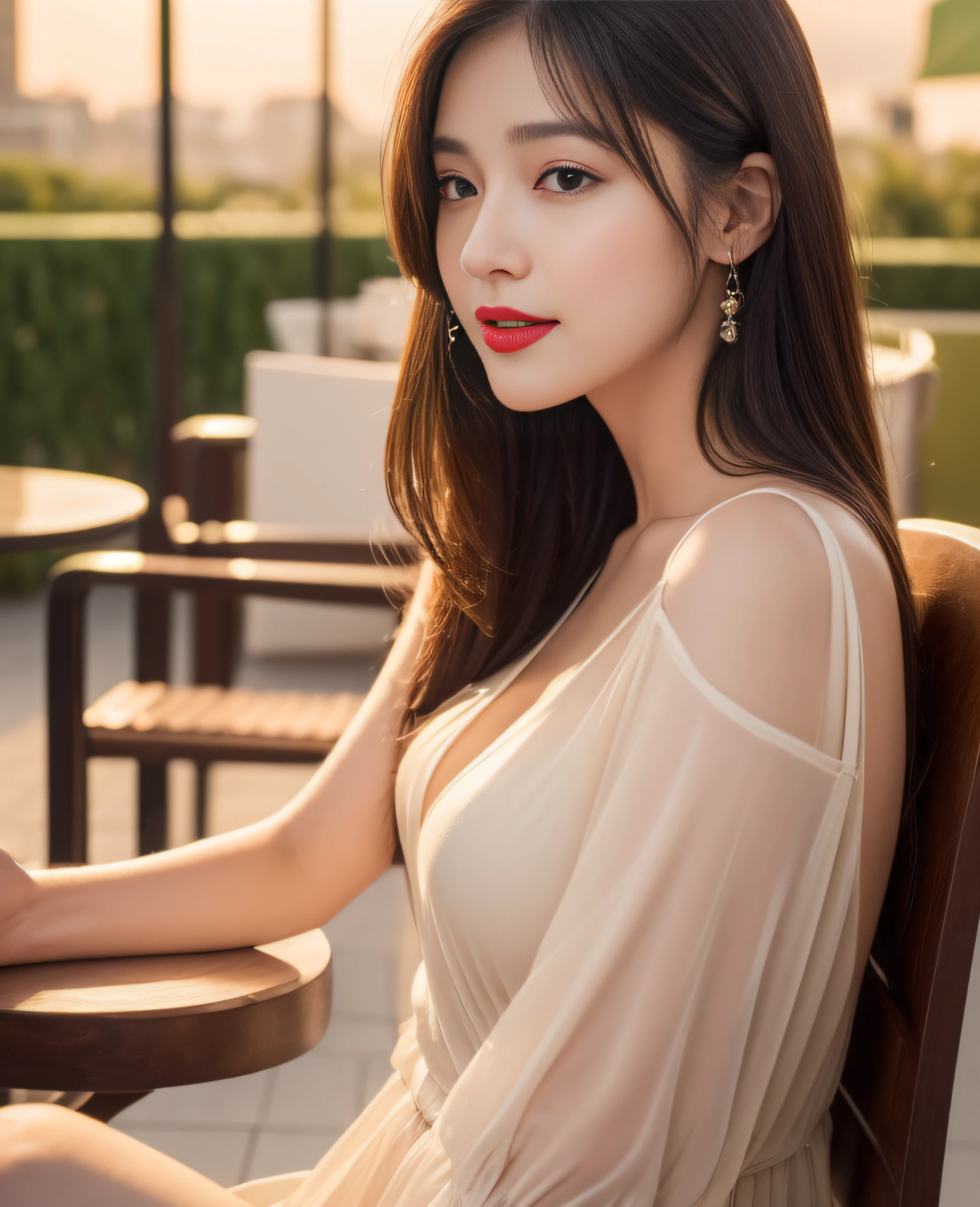 ((Top quality, 8K, masterpiece: 1.3)), Beautiful girl, pure, melon face, gentle and cute, sweet kissing gesture, sweet smile, pure desire, slender body, (front), (tilted head), ((looking) at the camera)), wearing dresses of different colors, medium hair, normal chest, long flowing shoulders, big round black eyes, big clear eyes, moist red lips, sweet , sitting on a chair, the background of a cafe terrace at dusk, (((taken from the waist up))),