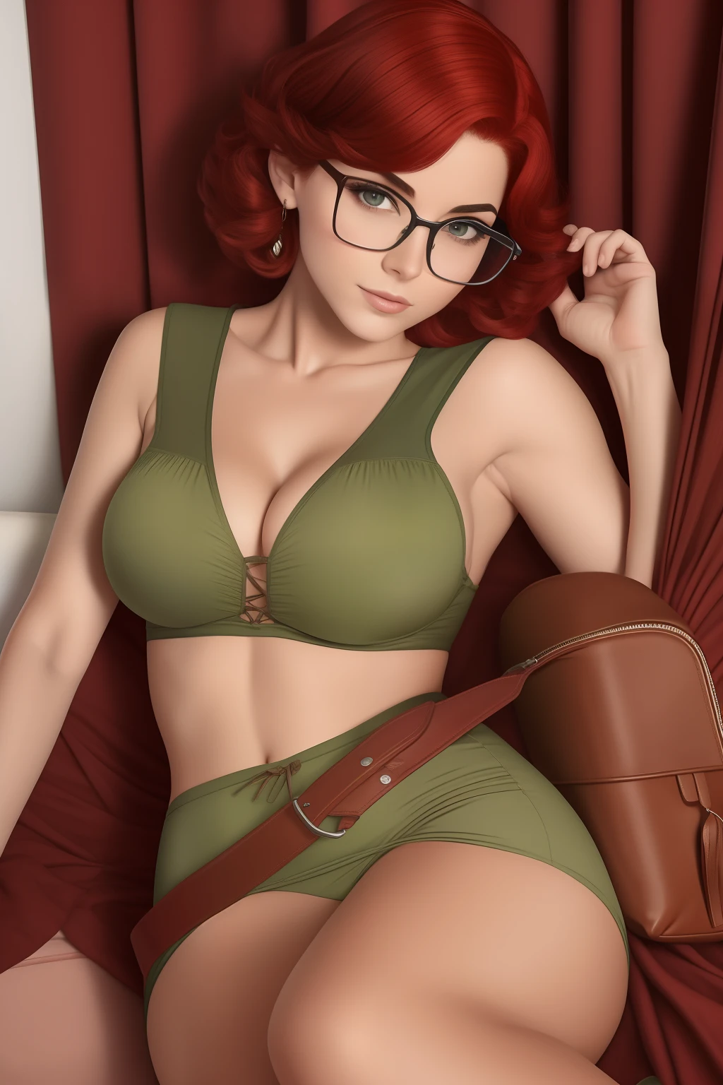 Arte similar Jonh Buscema,1garota,short hair up to the shoulders,ruiva,olhos verdes, estudante colegial, with prescription glasses, super realistic, middlebreasts, roupas de uma jovem colegial, incluso saia rodada,, olhar sensual, sexy, 4k resolution, Lotes Cameltoe, lotes de dedo de camelo, Sentido Superior, red hair, cotton clothes , carregando uma mochila escolar nas costas