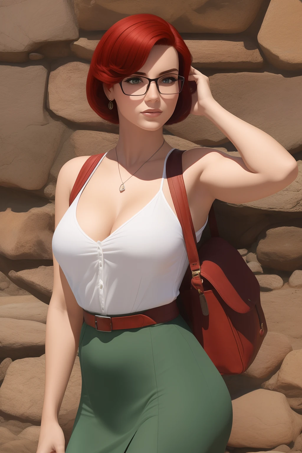 Arte similar Jonh Buscema,1garota,short hair up to the shoulders,ruiva,olhos verdes, estudante colegial, with prescription glasses, super realistic, middlebreasts, roupas de uma jovem colegial, incluso saia rodada,, olhar sensual, sexy, 4k resolution, Lotes Cameltoe, lotes de dedo de camelo, Sentido Superior, red hair, cotton clothes , carregando uma mochila escolar nas costas