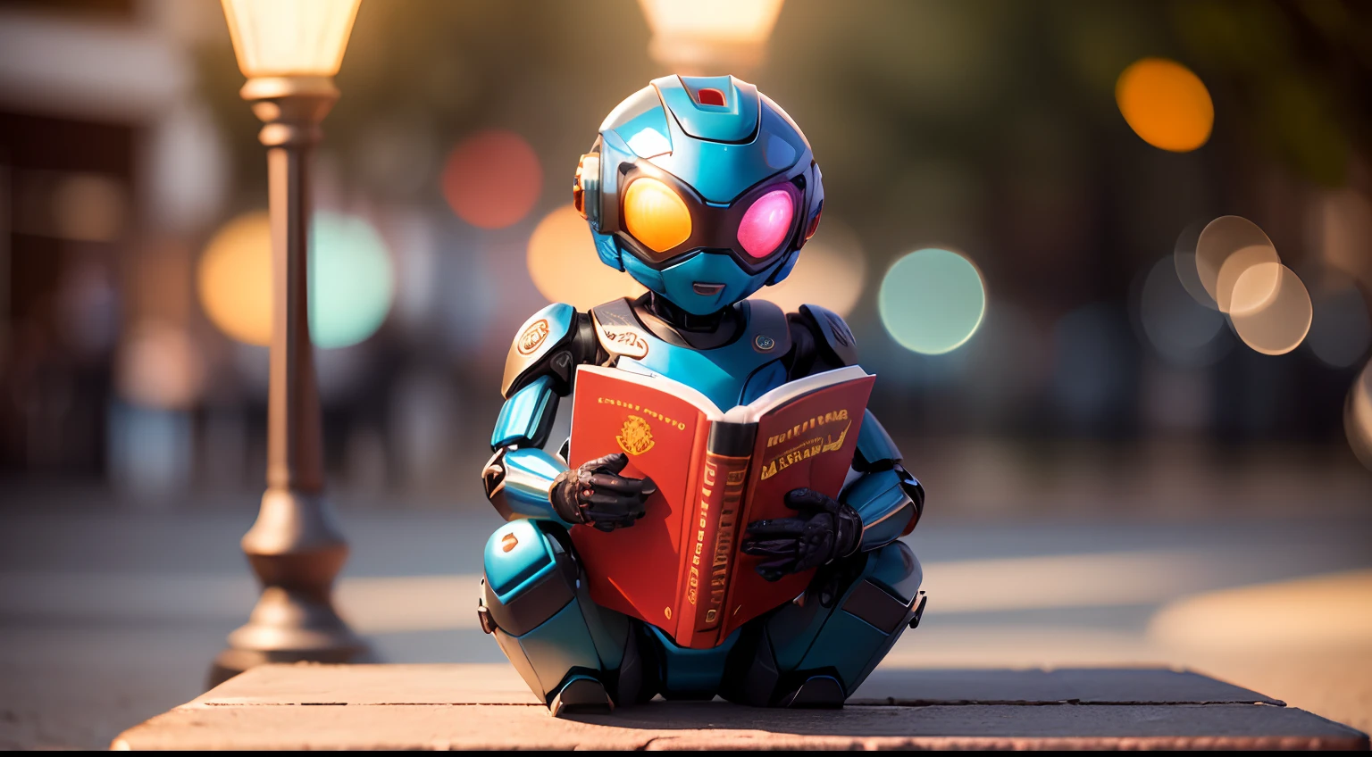 (um altamente detalhado),(melhor qualidade:1.2),(Realistic) humanoid robot studying a book, sitting on a bench in a square, (vibrant colorful lighting), (Sculpture-like rendering),(Bokeh)