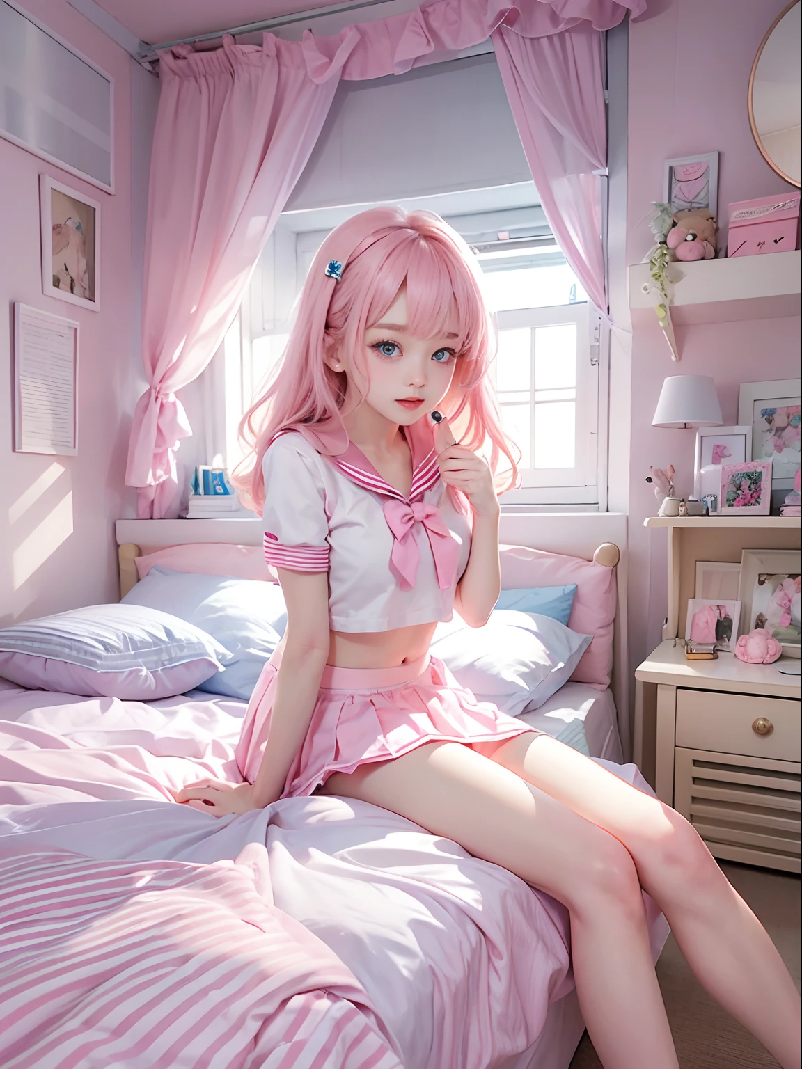 Beautiful illustration、top-quality、Cute little girl s、Bedroom、A pink-haired、long whitr hair、(((Pink pleated skirt)))、(((Pink sailor suit)))、short- sleeved、huge tit、a navel、Turn up the skirt with your hands、showing white panties、Pull up the skirt，The reveal panties、Bare legged、eBlue eyes、on top of the bed、Lovely thighs、glowing thigh