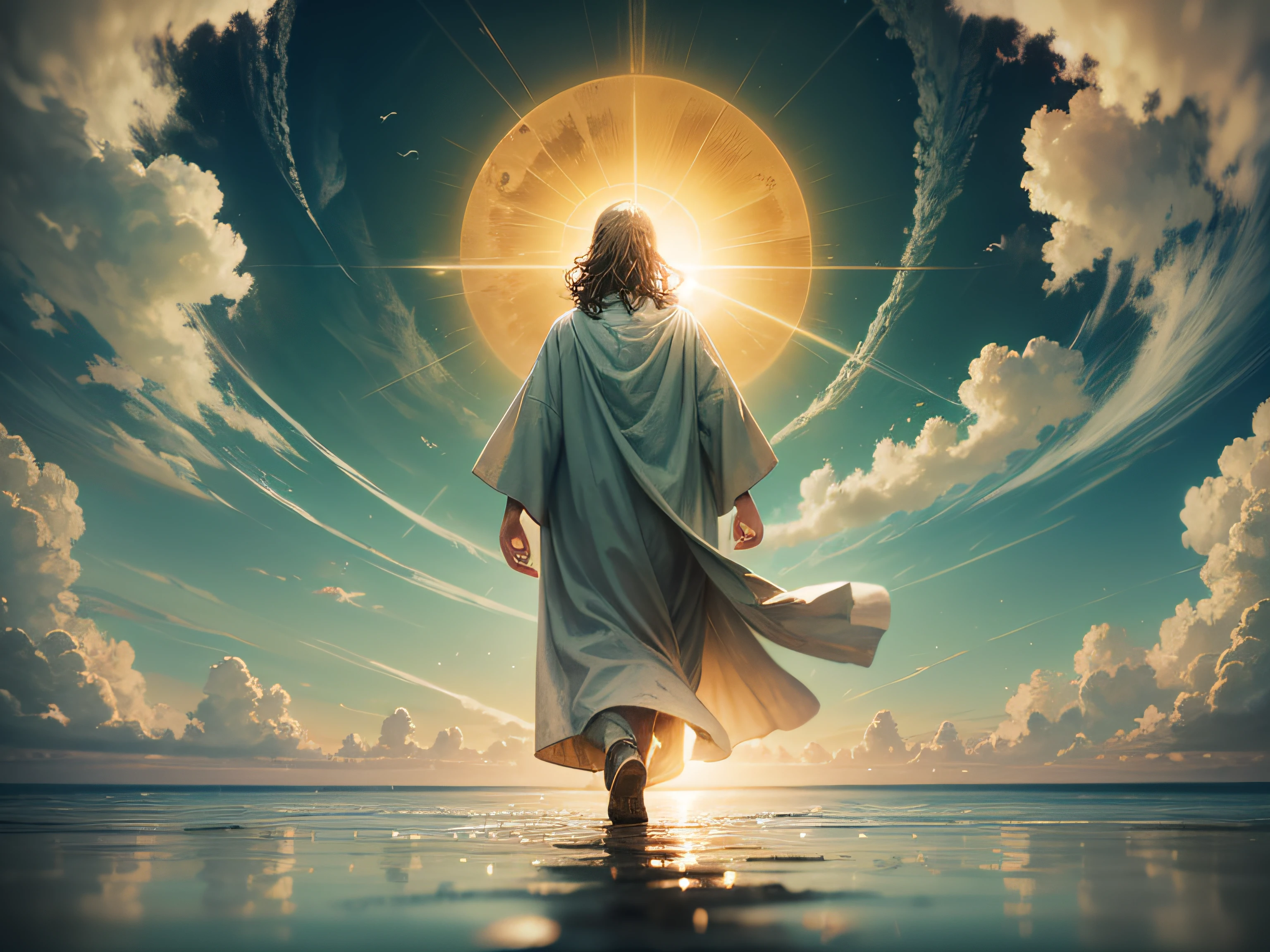 Image of Christ walking on water sun and clouds and a 