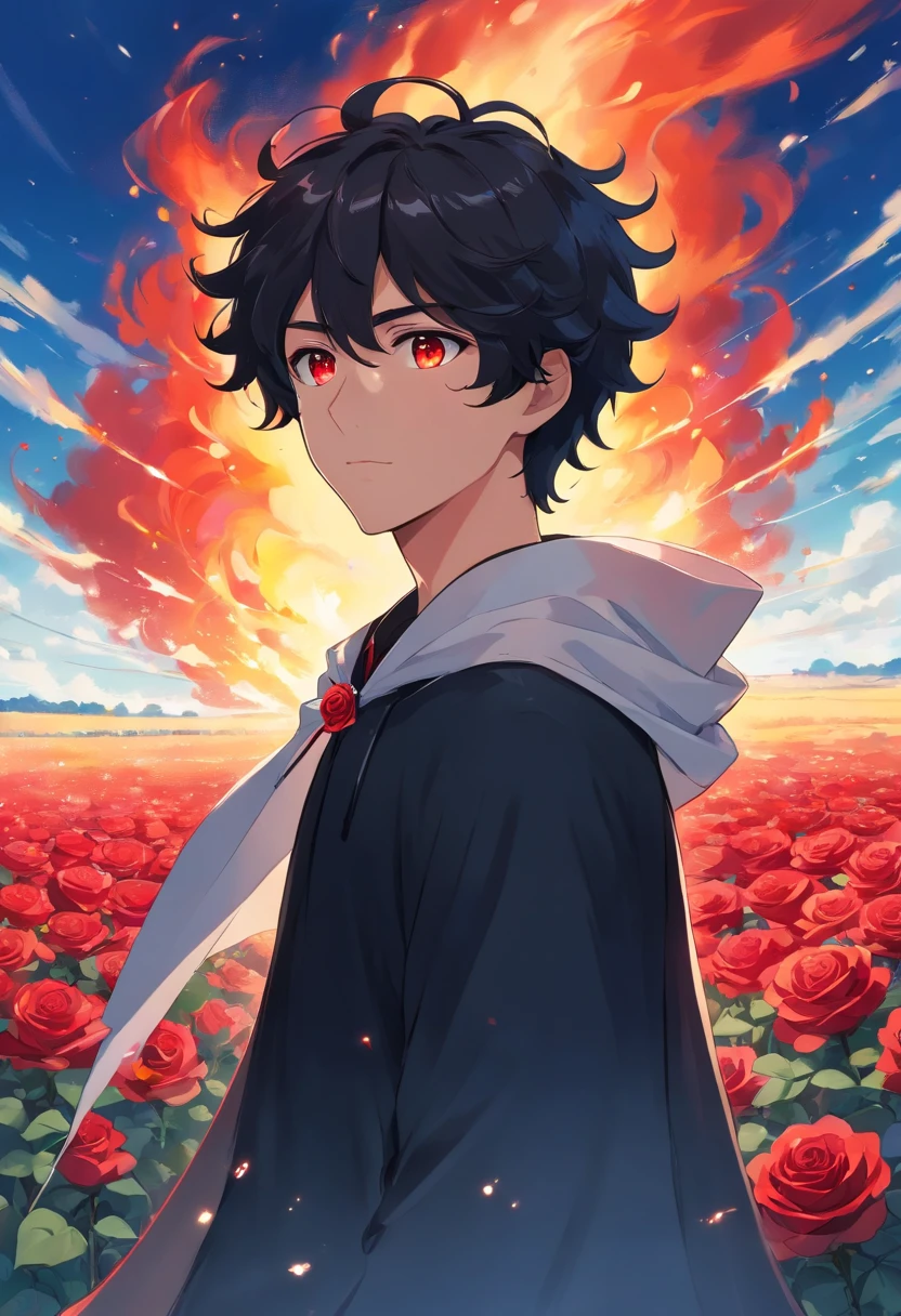 A young teenage man with black curly hair, with red eyes, in a black outfit with a white cape, in a field of blue roses that is on fire in his left hand, a red rose;