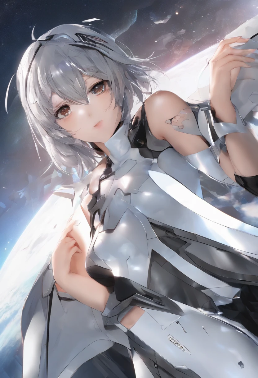beautiful, masterpiece, Highest quality, anime, One girl, C Cup,Portrait Shot, View your viewers, Covered、Short Hair、nearby、Blue Eyes、art、、White hair,Blue streaked hair、hairpin、Cute smile、Thighs、Cute、blue sky、Beautiful breasts、Full Harness、valley、Sweat、Under Harness、Body Harness、Tightening、Penetration、white_Sci-fi combat uniform、white_Sci-fi underskirt、pierced、See-through_navel、whiteボディストッキング、grass、hands heart、heart hands、black_garter、Kneeling