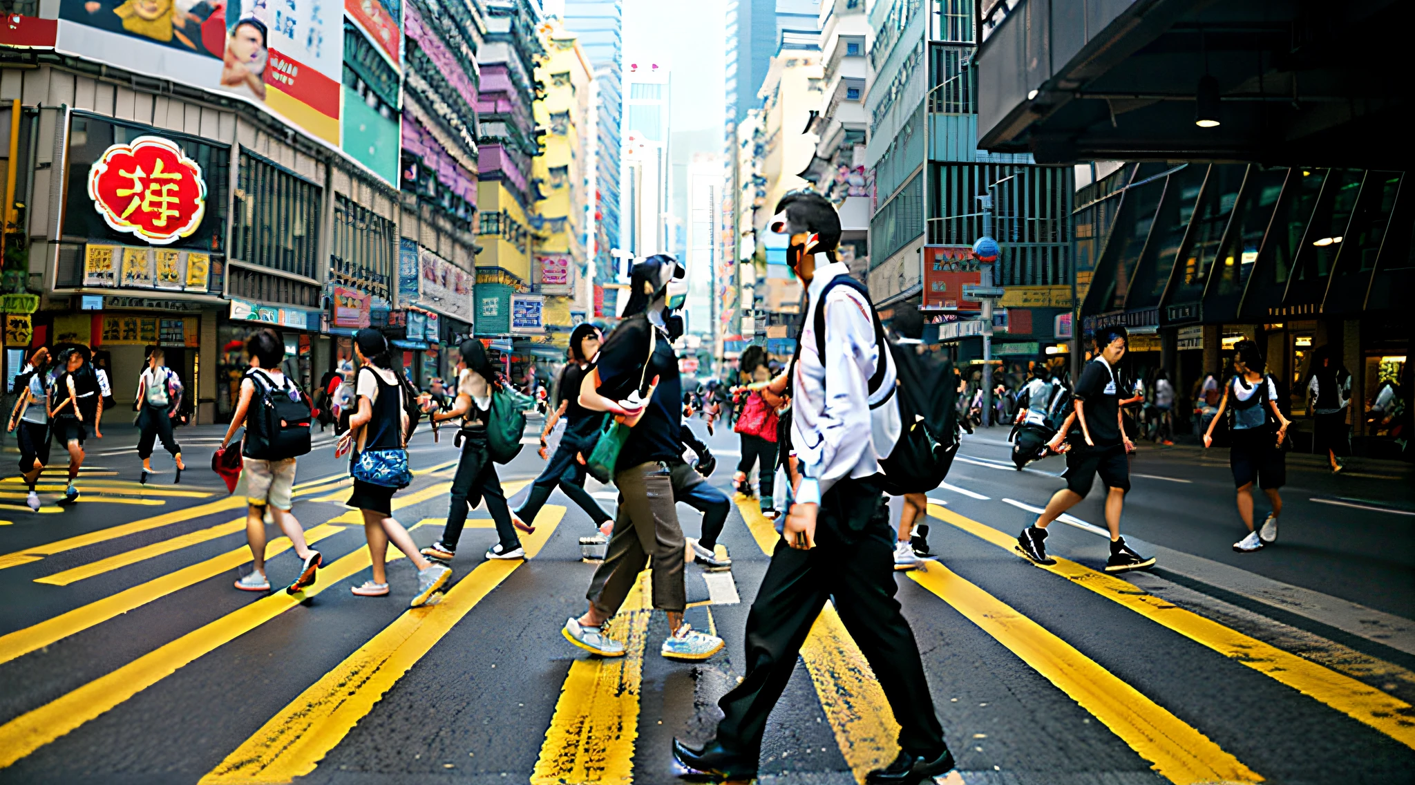 people walking across a crosswalk in a busy city street, streets of hong kong, street of hong kong, people are wearing masks, travelers walking the streets, people walking in street, people walking on street, people walking down a street, busy streets filled with people, busy streets, people walking around, people on the streets, busy street, pedestrians