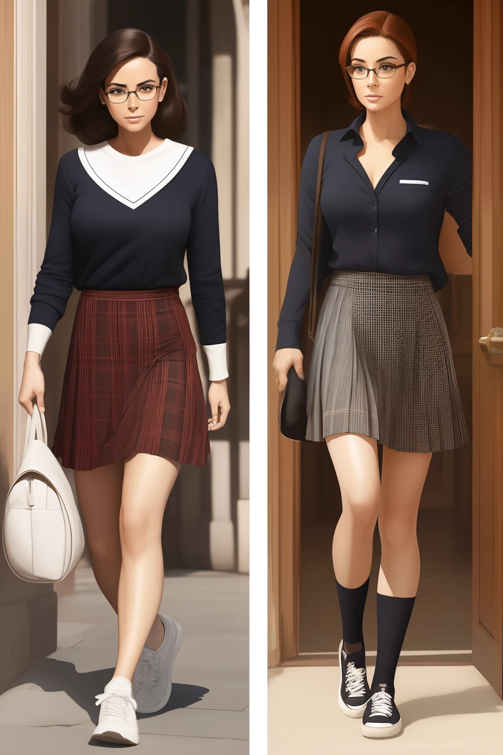 Arte similar Jonh Buscema,1garota,cabelos sedosos longos,cabelos negros,olhos castanhos, estudante colegial, with prescription glasses, super realista, middlebreasts, roupas,  jaqueta em moletom, pleated plaid skirt and sneakers,olhar sensual, sexy, 4K分辨率, Lotes Cameltoe, lotes de dedo de camelo, Sentido Superior, pelos negros, cotton clothes, carregando uma mochila escolar nas costas