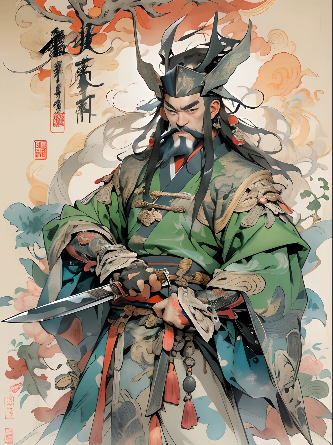 (((China-style,Ink painting method,Half-length portrait,Intense color,Han dynasty, China,Hanfu,Armor,Guan yu,Guan Yunchang,of a guy,Ruddy killing square face,Hold the Blue Dragon Moon Knife in his right hand,Stroke your beard with your left hand,Long hair,petty eyes,Green robe))), (((best qualityer))), (((tmasterpiece))), (((AS-Adult))), ((( Japanese ))), Look up from your knees, Handsome Asian samurai,perfect body figure, Modern samurai, ((( Asian))), Wear gloves on your hands,The left arm is made of steel and metal tips,Made of protective devices, The eyes are pulled, (( Appears below the chest )), (( Small dental floss )), Simon Bisley, Almost naked(Simon Bisley)Castle City Wilderness,For high-resolution posters, hair straight, Minimum clothing, armure (Crazy clothes ), Full of tips and rivets, tribal tattoos, (((full bodyesbian))), Straight brunette hair,Colored hair ends