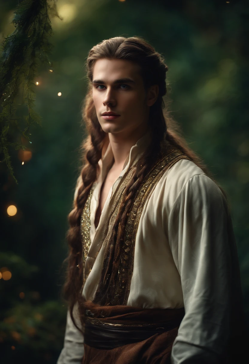 ((One Man)), (((Fantasy portrait of a beautiful young man in a mithorogic costume))), ((Long sleaves)), With mystical colored eyes, pale skin, ((Loose braided long hair)), Magical, Beautiful, Enchanting, Photorealism, mid-shot, ((Deep forest)), Fantasy Art, (((Many sparkling particles in the air))), ((Ethereal fantasy art)),