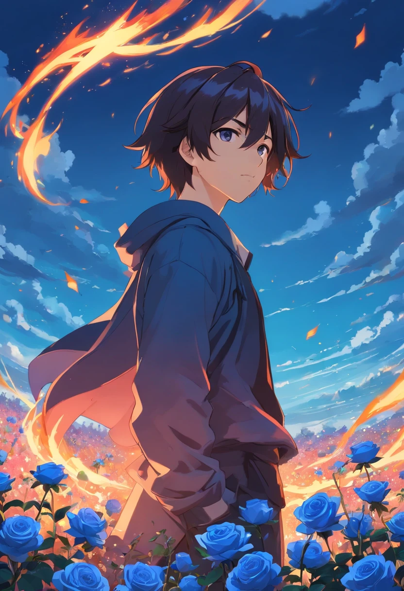 Um jovem homem adolescente com cabelo encaracolado preto, com olhos vermelhos, em uma roupa preta com uma capa branca, in a field of blue roses that is on fire in his left hand, Uma rosa vermelha;