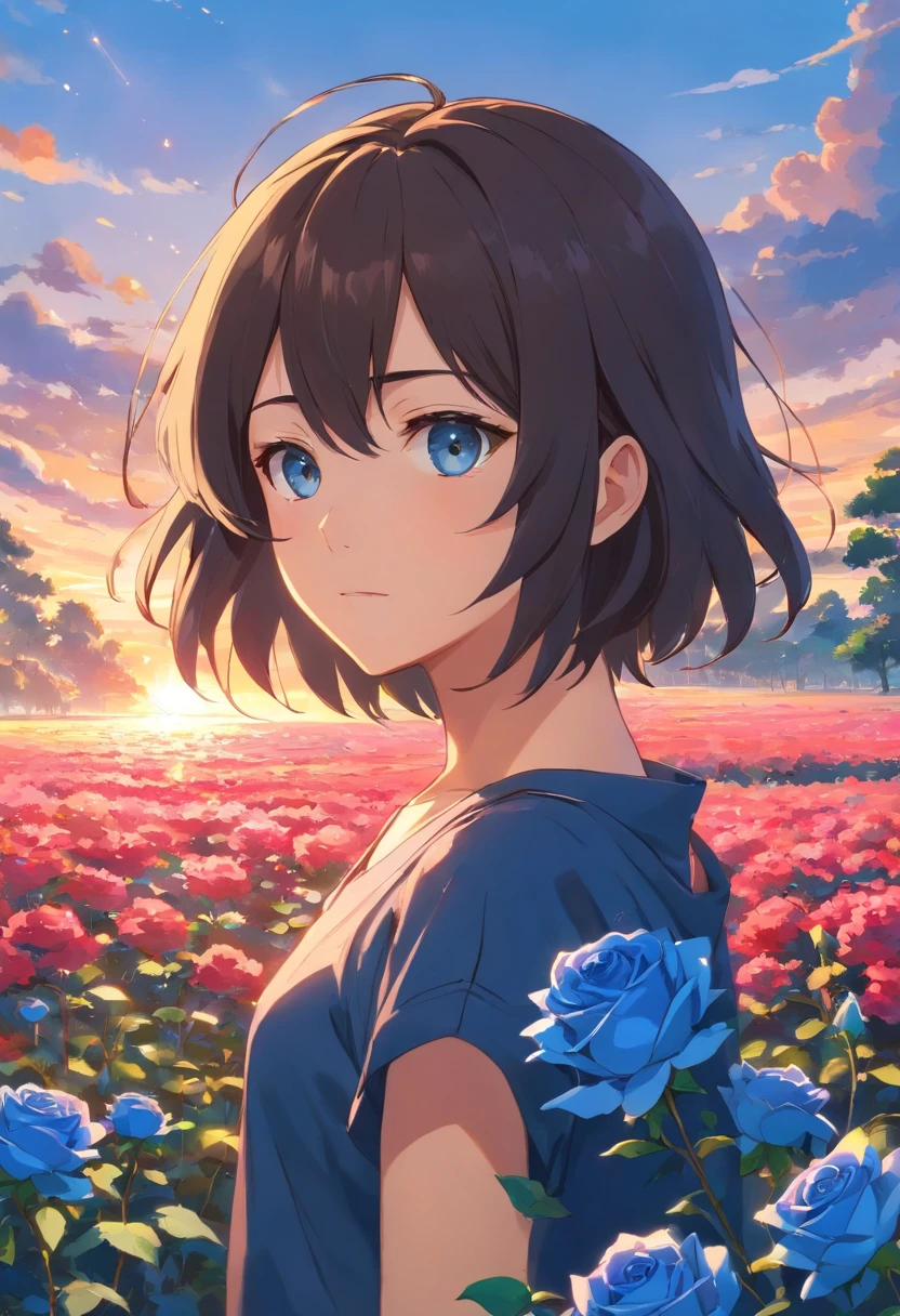 Um jovem homem adolescente com cabelo encaracolado preto, com olhos vermelhos, em uma roupa preta com uma capa branca, in a field of blue roses that is on fire in his left hand, Uma rosa vermelha;