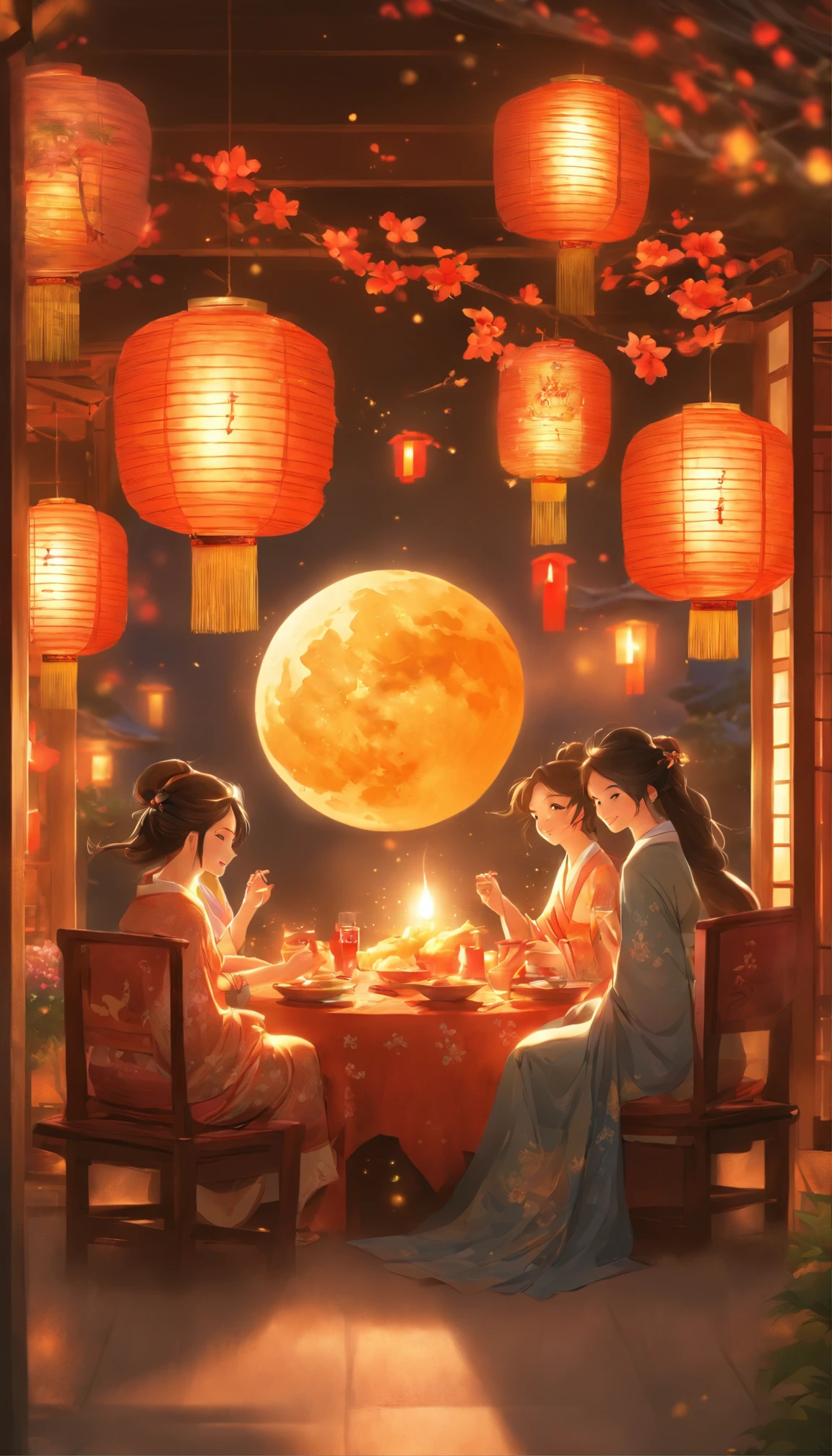 The family sits together, Enjoy a festive dinner, Surrounded by a warm and comfortable atmosphere. The room was beautifully decorated,Equipped with lanterns, Symbolizes the joy of the Mid-Autumn Festival. The table is filled with a variety of delicacies, Includes traditional mooncakes. Moonlight shone through the windows, Cast a soft glow on everyone's face. The family laughed and chatted, Express their love and happiness on this special occasion. The artwork is created with the finest materials, Such as oil painting or high-resolution digital rendering, Ensure the highest quality and detail. The colors are vivid and vibrant, Create visually stunning representations for holiday celebrations. Well-designed lighting, Focus on capturing the warm and tranquil atmosphere of the evening. The artwork is a masterpiece, With ultra-fine elements and realism, Photorealistic style. The moon in the night sky is depicted as a perfect circle, Represents the full moon of the Mid-Autumn Festival. The scene was full of fun, Love, and togetherness, Capture the essence of the festival.You can see the round moon hanging high