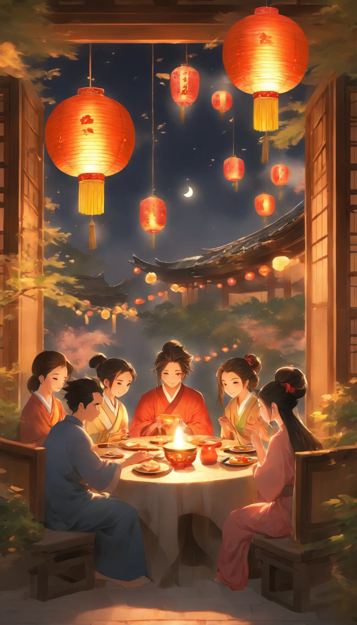 The family sits together, Enjoy a festive dinner, Surrounded by a warm and comfortable atmosphere. The room was beautifully decorated，Equipped with lanterns, Symbolizes the joy of the Mid-Autumn Festival. The table is filled with a variety of delicacies, Includes traditional mooncakes. Moonlight shone through the windows, Cast a soft glow on everyone's face. The family laughed and chatted, Express their love and happiness on this special occasion. The artwork is created with the finest materials, Such as oil painting or high-resolution digital rendering, Ensure the highest quality and detail. The colors are vivid and vibrant, Create visually stunning representations for holiday celebrations. Well-designed lighting, Focus on capturing the warm and tranquil atmosphere of the evening. The artwork is a masterpiece, With ultra-fine elements and realism, Photorealistic style. The moon in the night sky is depicted as a perfect circle, Represents the full moon of the Mid-Autumn Festival. The scene was full of fun, Love, and togetherness, Capture the essence of the festival.You can see the round moon hanging high