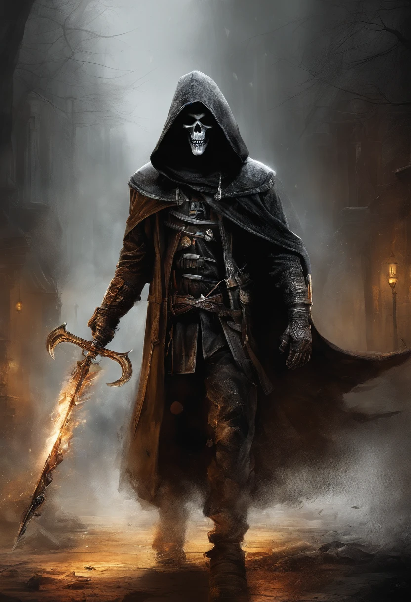 top-quality, Dramatic Lighting, menacing pose, fierce look, epic atmosphere, (((Full body shot))),Grim Reaper wearing a black torn hood, large sickle on the back,cyborgs, Cyberpunk style, Clockwork, ((Intricate details)), nffsw, ((Intricate details, hyperdetails)), incandescent lamps, cinematic shot, Vignette, bokeh effect beckground, (dogy), (Full body shot).