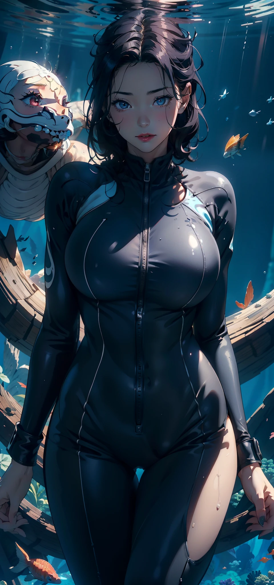 1female,41 years old,熟妇,mature,plumw,extremely large bosom ,Pornographic exposure, 独奏,(Background with:Underwater,ocean floor,surrounded with fishes,The corals) She has short black hair,Walk underwater,seen from the front, hair straight, mostly cloudy sky,(((tmasterpiece),(Very detailed CG unity 8K wallpaper),best qualtiy,cinmatic lighting,detailed back ground,beatiful detailed eyes,Bright pupils,Redlip(Very fine and beautiful),(Beautiful and detailed eye description),ultra - detailed,tmasterpiece,)),facing at camera,A high resolution,ultra - detailed),revealing breasts,Bare genitalia, Bulge,legs are open,Raised sexy,Camel toes,Flushed complexion,Open-mouthed,frontage,diver,(Wearing:wet suit,比基尼,Bare lower body,Bare breasts,Bare )