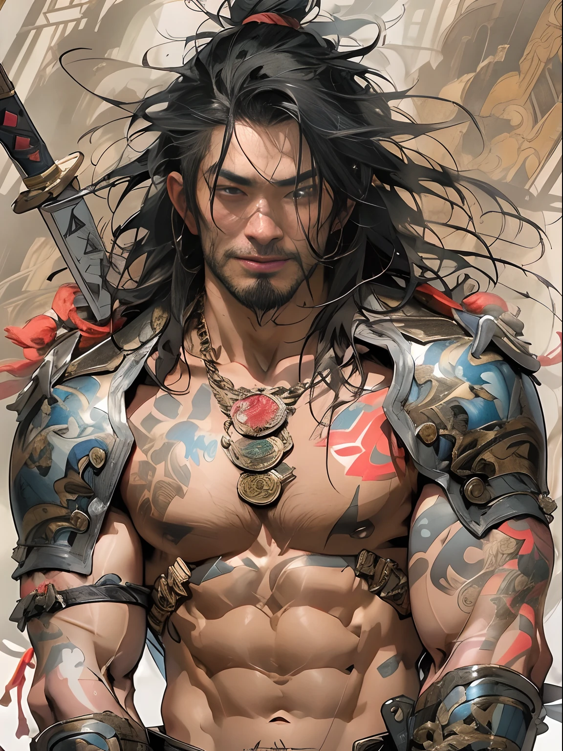 (((mtu))), (((best qualityer))), (((tmasterpiece))), (((AS-Adult))), ((( Japanese ))), Look up from your knees, Handsome Asian samurai，perfect body figure, Modern samurai, ((( Asian))), Wear gloves on your hands，The left arm is made of steel and metal tips，Made of protective devices, The eyes are pulled, (( Appears below the chest )), (( Small dental floss )), Simon Bisley, Almost naked（Simon Bisley）Castle City Wilderness，For high-resolution posters, hair straight, Minimum clothing, armure (Crazy clothes ), Full of tips and rivets, tribal tattoos, (((full bodyesbian))), Straight brunette hair，Colored hair ends