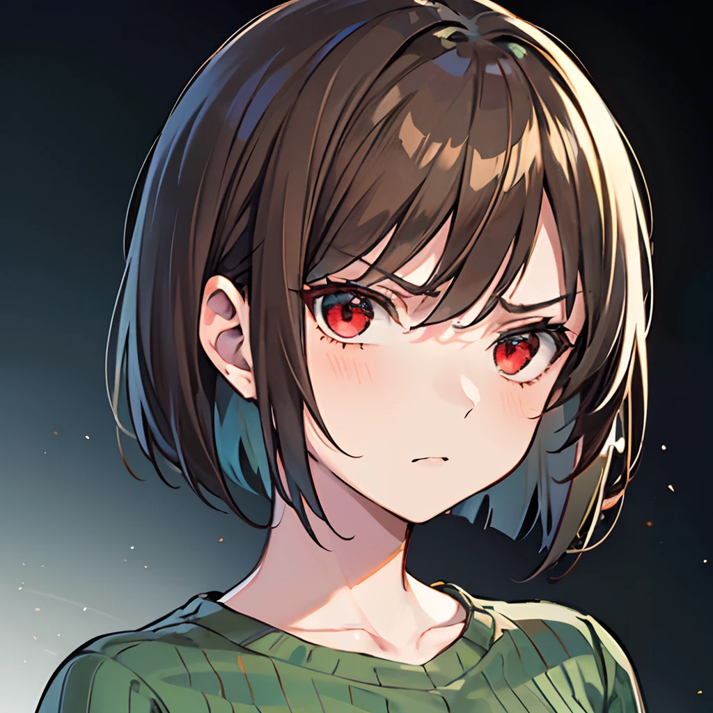 1girl, short brown hair, bob cut, red eyes, angry expression, green ribbed sweater, medium breast, portrait, simple background, looking at the camera, from the front