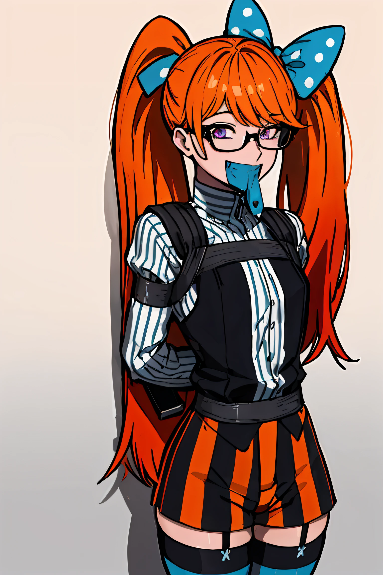 (absurdres, 8k, 4k, masterpiece, hyper extreme detailed:1.2), solo, 1girl, front view portrait, best quality, expressive eyes, perfect face, 1girl, portrait, titan, very long hair, twintails, polka dot bow, orange gradient hair, stockings, pale, adult, short, fun, happy, funny, comedic, smile, looking at viewer, dot pupils, gradient hair, blue gradient, purple gradient, orange gradient, smirk, floating, glasses, orange stockings with white stripes, adult, mature, petite, nighttime, graphic t-shirt, black shirt, exposed shoulder, standing, mature female, adult, half body,, bondage, gagged, gag, (arms behind back:1.4), bondage, tape gag, tape, duct tape, covered mouth, mouth covered, suspended, chest harness, tied_breasts, ropes, rope, tied, over_the_mouth_gag, otm, otn, over_the_nose_gag, standing by wooden pole, shibari, graphic t-shirt, crotch_rope, crotchrope,