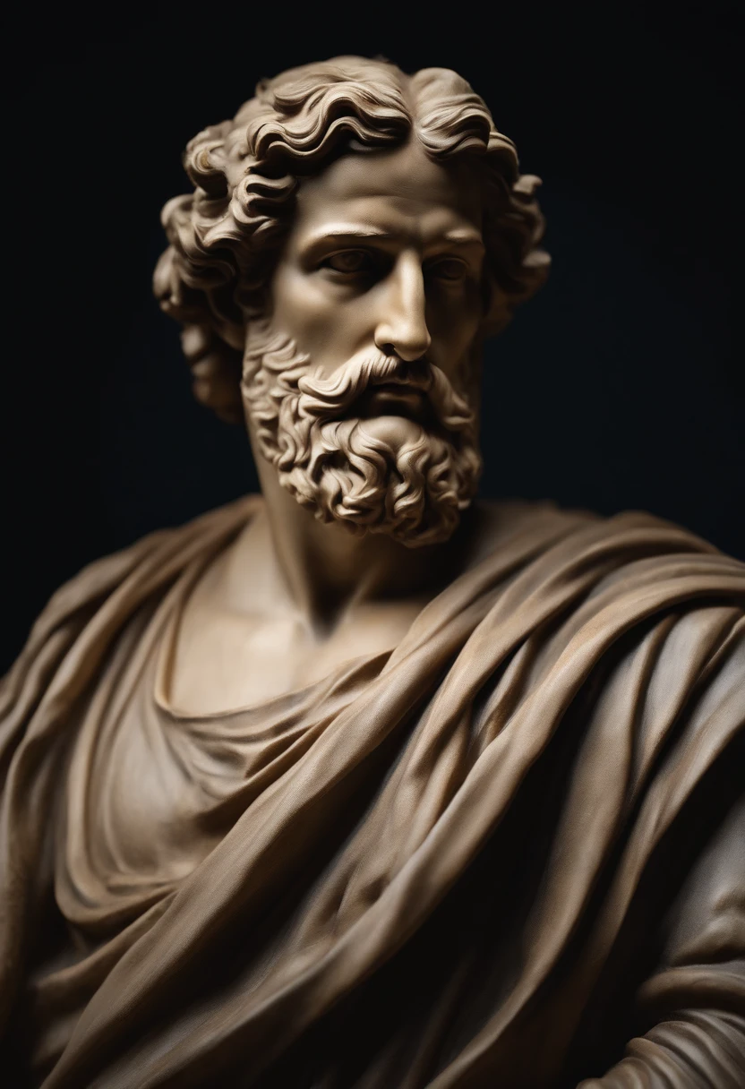 Create a cinematic representation of a Greek statue of philosophy, from the waist up, wearing period clothing and with period writing in hand, in 8K resolution, against a dark backdrop. The statue must capture the essence of classical Greek philosophy, with precise details in the sculpture of the bearded face and the characteristic clothing of the period. The character must hold the writing of the time in a meaningful way, as if they are about to share knowledge through the written word. The dark background should highlight the beauty and grandeur of the statue, creating a dramatic contrast. The image should convey a sense of reverence for Greek philosophy and its importance in the history of human thought. Make sure the image quality is top-notch, with 8K resolution, to highlight every detail of the sculpture, period clothing, and writing.