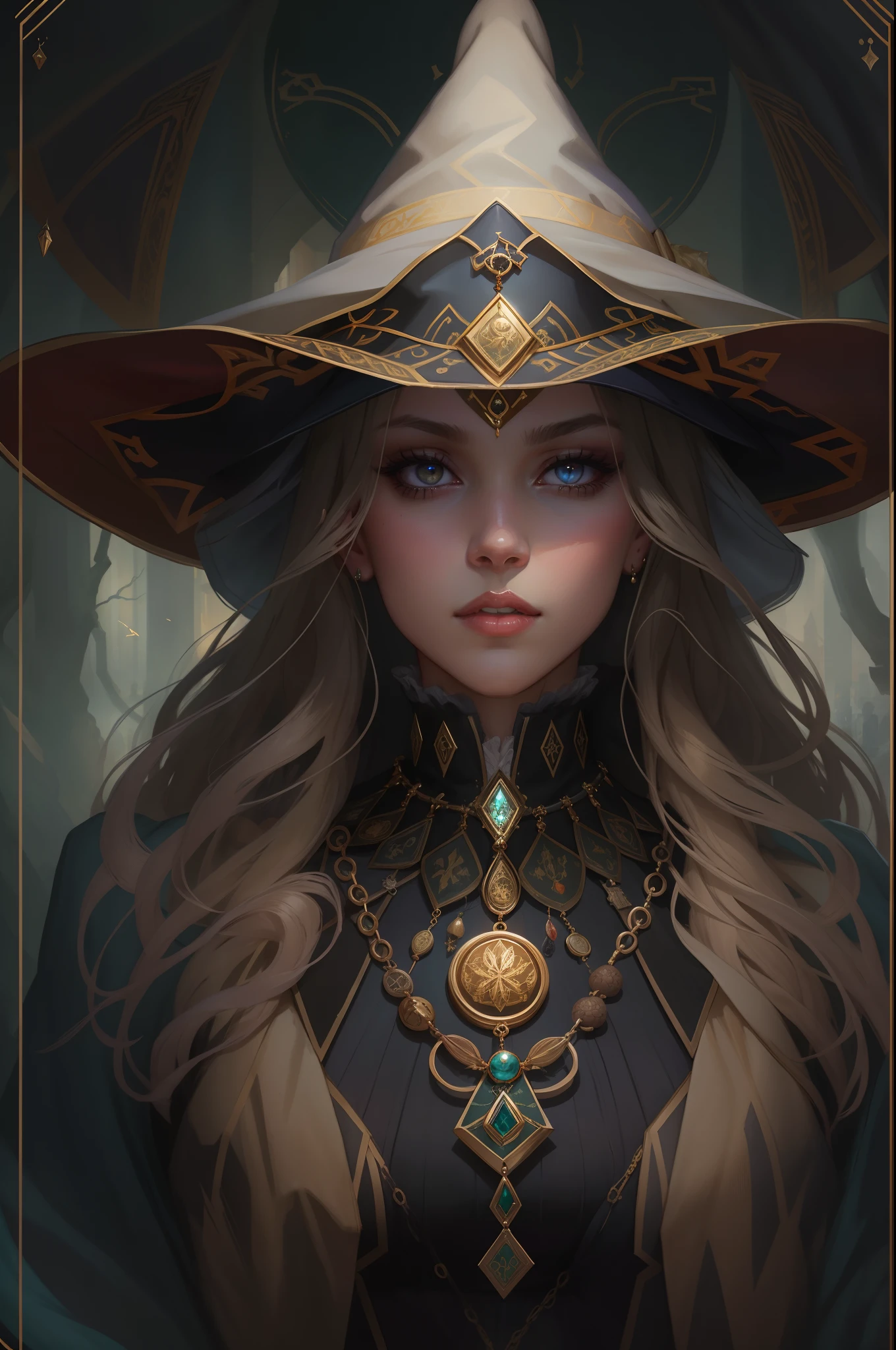 (symmetry: 1.1) The Witch Girl, in a big witch's hat, With an evil look, Amulet around the neck, beautiful breasts, Fewer details, Very few details, Gloomy color scheme, Intricate, elegant, Very detailed, digitalpainting, Artstation, ConceptArt, Smooth, sharp-focus, illustartion, artists Greg Rutkowski and Alphonse Mucha, 8K