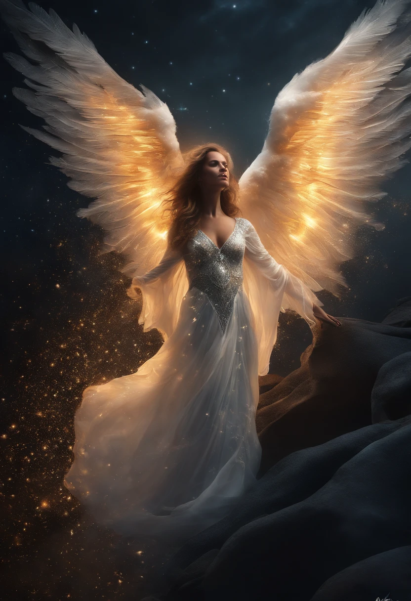 cosmic fallen angel, olhos claros brilhantes, Biomechanicals, estranho, assustador, Pesadelo, cores muito brilhantes, light particles, com luz brilhante, Mshiff, Arte do papel de parede, Papel de parede UHD