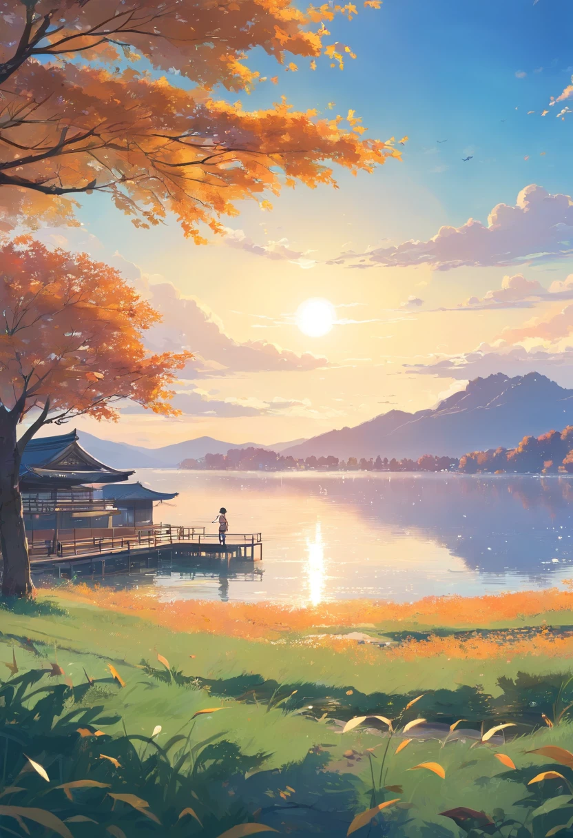 tmasterpiece，Best quality at best，high high quality，Clear lake, Rolling green mountains, A gentle breeze blows through the willow branches, surrounded by cloud, Swallow shuttle, A flock of geese flying in the setting sun, The sadness of parting is intertwined with autumn, Peaceful and natural picture，（Very detailed CG unity 8K wallpaper），most beautiful artwork in the world，Professional majestic oil painting，iintricate，high detal，sharp fokus，dramatics，Realistic painting art