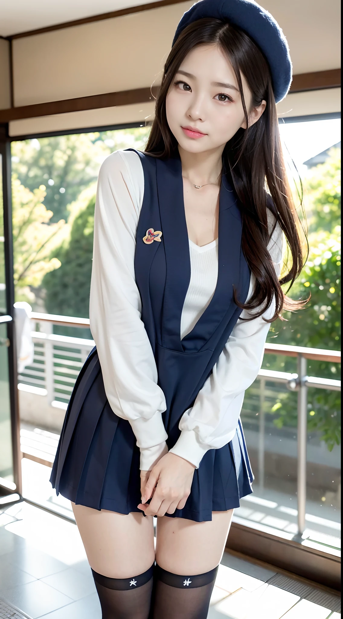 mix4, (16 K, Raw photography, Top image quality, masterpiece: 1.45), (realisitic, Photorealsitic: 1.37), one girls, 7.5, etc、Random hairstyle、Standing figure,Daytime、a very cute,Station platform,, profetional lighting, photon maping、physically-based renderingt, Gradient dark brown hair,Crisp backgrounds and high resolution, a handsome, Well-groomed and beautiful eyes、Large double eyelids、Very shiny、girl with, (((student clothes、Winter clothes、Sailor suit worn by Japan schoolgirl、Navy blue sailor color、scarf、a miniskirt, Small beret、high socks、lowfers、Frugal bag))), Top Quality Photos, hight resolution, 1080p, (clearface), (Detailed face description), (Detailed hand description), (masterpiece), (Exquisite CG)、extreme light and shadows、dishevled hair、master work、abundant detail、(Fine facial features)、(top quality photo)、(masuter piece)、(A detailed eye)、Look in front of you、Fine clavicle、((Slender big))、(((Japan schoolgirl in sailor suit)))、((Idle system))、((Station platform、wicket、railroad crossing))、(((neat and cute)))、耳Nipple Ring、A big smile、Drawing the whole body from the knees、Do not draw nasolabial folds、(((Long sleeve sailor suit)))、(Big breasts that hang down big:1.2)、Big buttocks with tension、Two arms and two legs、(((from the front side:0.3)))、bare hand、No mask、No skin exposure