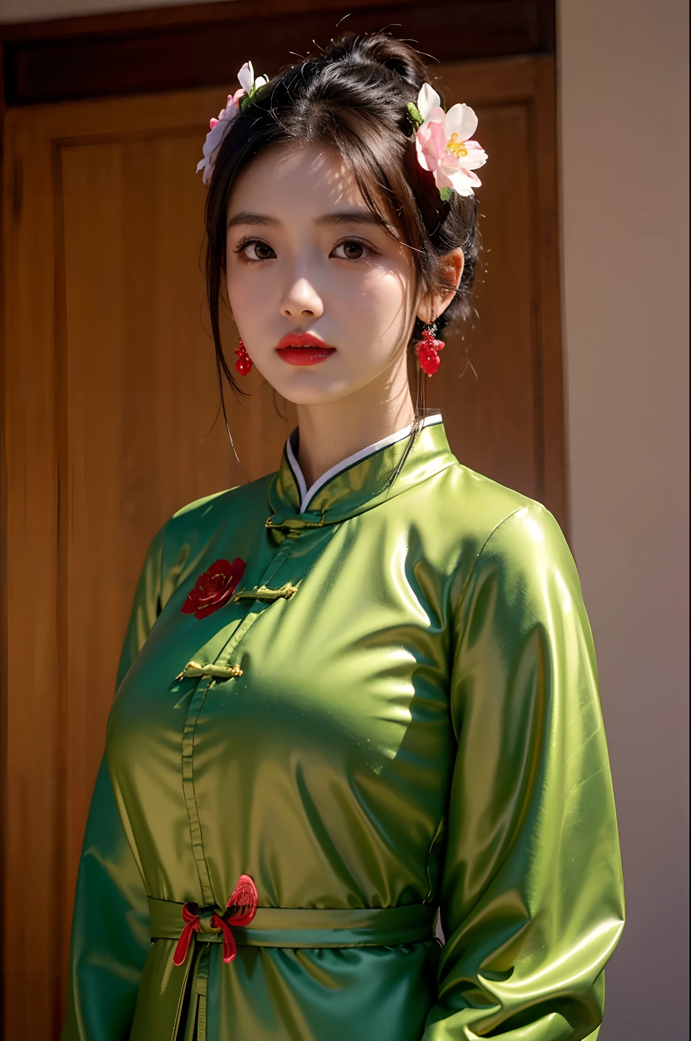 korean model , slim body , medium breasts, 167cm ，Movie Angle，long black ponytails hairstyle, （Cute girl,anatomy correct, Pastel Spring Green chinese qipao with short sleeves，（ art，geomerty），（plethora of colorest quality，high detail，tmasterpiece，Cinematic lighting effects，4K，Chiaroscuro ), chinese mansion 