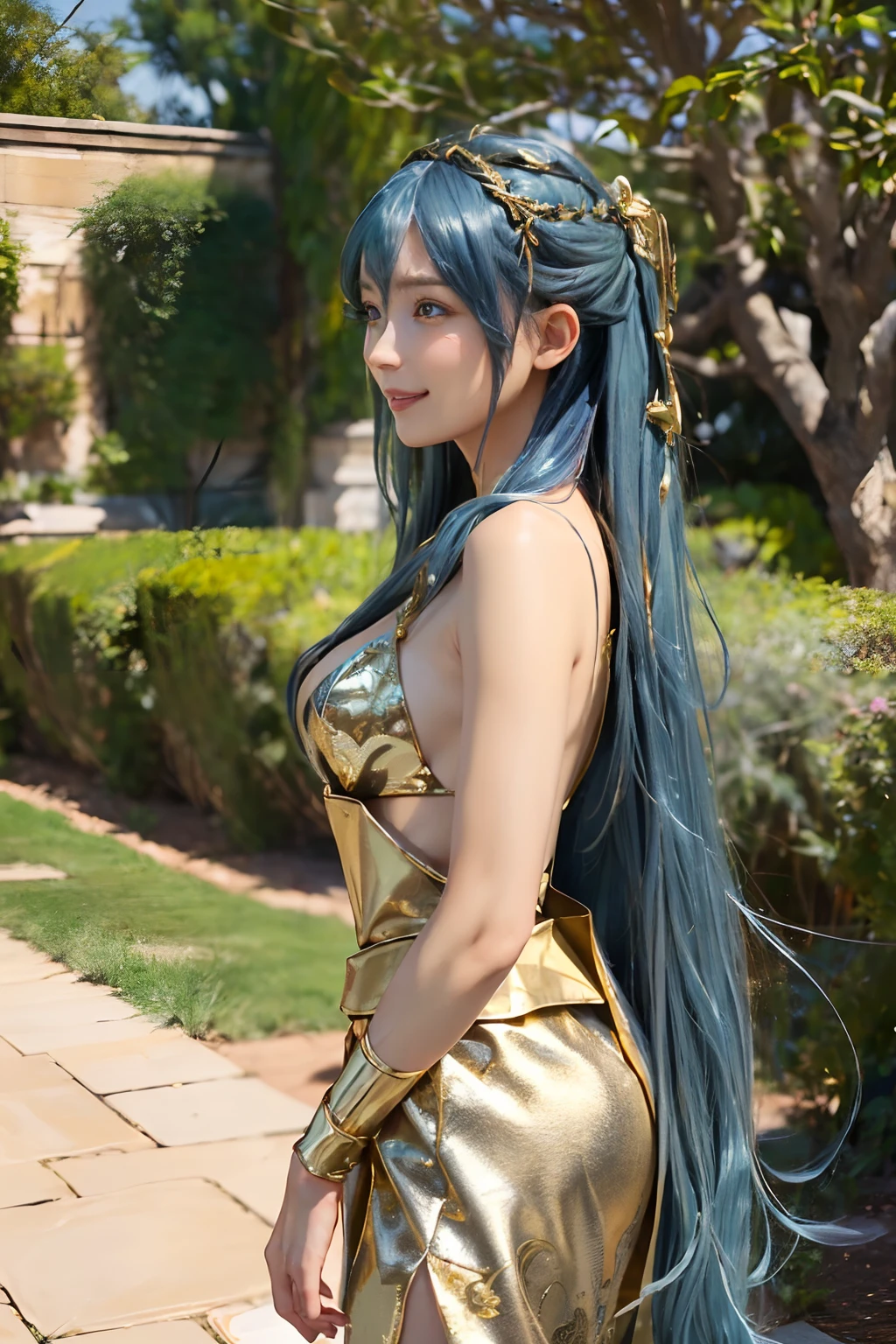 A captivating fantasy illustration of a powerful female warrior standing on a pristine beach with a tropical paradise backdrop. She has long, flowing blonde and blue hair, mesmerizing aqua blue eyes, and wears an ornate gold and silver armor adorned with intricate tattoos. The warrior proudly dons a regal crown and an array of glistening jewelry. In the background, palm trees sway gently, and distant mountains create a serene atmosphere. The warm sunlight casts a golden glow across the character, the serene waters, and the entire scene, evoking a sense of power, beauty, and tranquility.