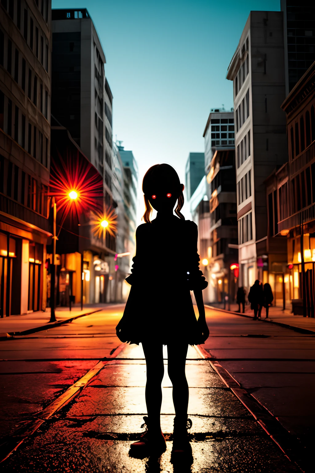 Young zombie girl. City Street, the night, lantern, deserted street