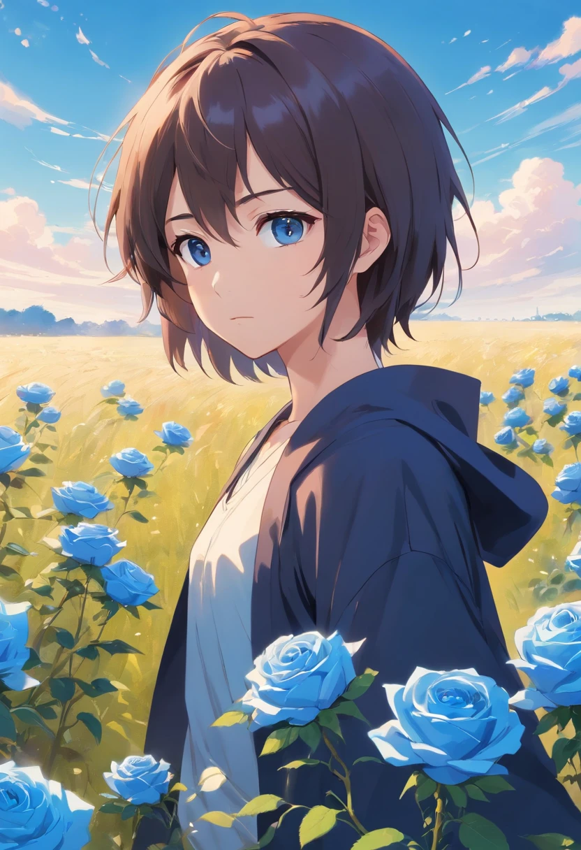 Um jovem homem adolescente com cabelo encaracolado preto, com olhos vermelhos, em uma roupa preta com uma capa branca, in a field of blue roses in his left hand, Uma rosa vermelha;