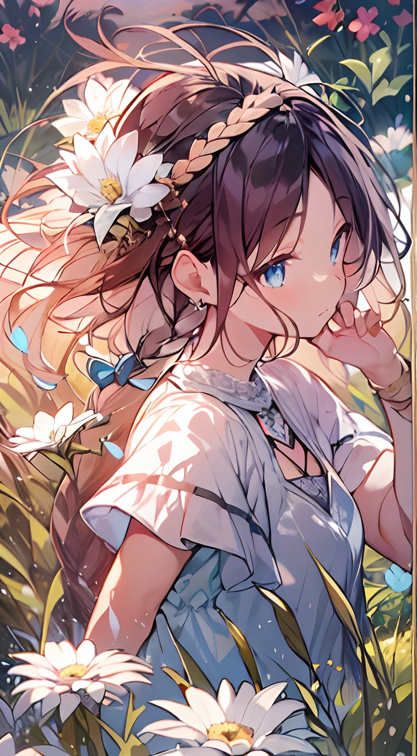 masutepiece, Best Quality,Illustration, Wallpaper, Ultra Detail, Absurd beauty、1 beautiful girl、 (Semi-long hair、short braided hair), Big sparkling eyes、Beautiful ultra-detailed eyes , Hair fluttering in the wind、Keep your head small、flower  field、great outdoors、Look: garden