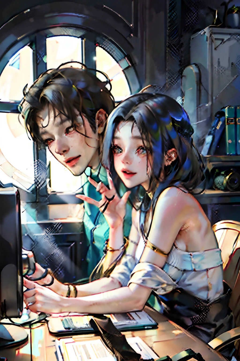 A boy and a girl,The two nestled in front of the computer desktop and watched a historical drama,Look at each other and laugh,Sunlight shines through the windows, Short black hair, ssmile, High detail, Anime style,, Cinematic lighting, Chiaroscuro, symetry, Third Person View, The girl has a mole under her left eye,schoolboy (1.4), schoolgirls (1.2), big laughter (1.3), Short black hair (1.2), Best quality, 8K.