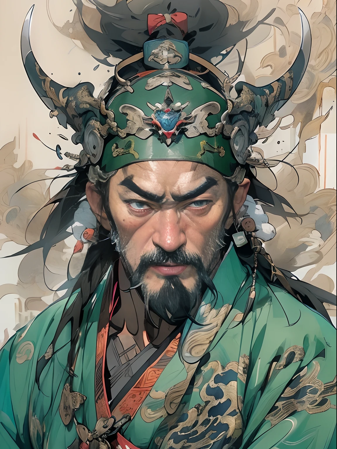 (((China-style，Ink painting method，Half-length portrait，Intense color，Han dynasty, China，Hanfu，Armor，Guan yu，Guan Yunchang，of a guy，Ruddy killing square face，Hold the Blue Dragon Moon Knife in his right hand，Stroke your beard with your left hand，Long hair，petty eyes，Green robe))), (((best qualityer))), (((tmasterpiece))), (((AS-Adult))), ((( Japanese ))), Look up from your knees, Handsome Asian samurai，perfect body figure, Modern samurai, ((( Asian))), Wear gloves on your hands，The left arm is made of steel and metal tips，Made of protective devices, The eyes are pulled, (( Appears below the chest )), (( Small dental floss )), Simon Bisley, Almost naked（Simon Bisley）Castle City Wilderness，For high-resolution posters, hair straight, Minimum clothing, armure (Crazy clothes ), Full of tips and rivets, tribal tattoos, (((full bodyesbian))), Straight brunette hair，Colored hair ends