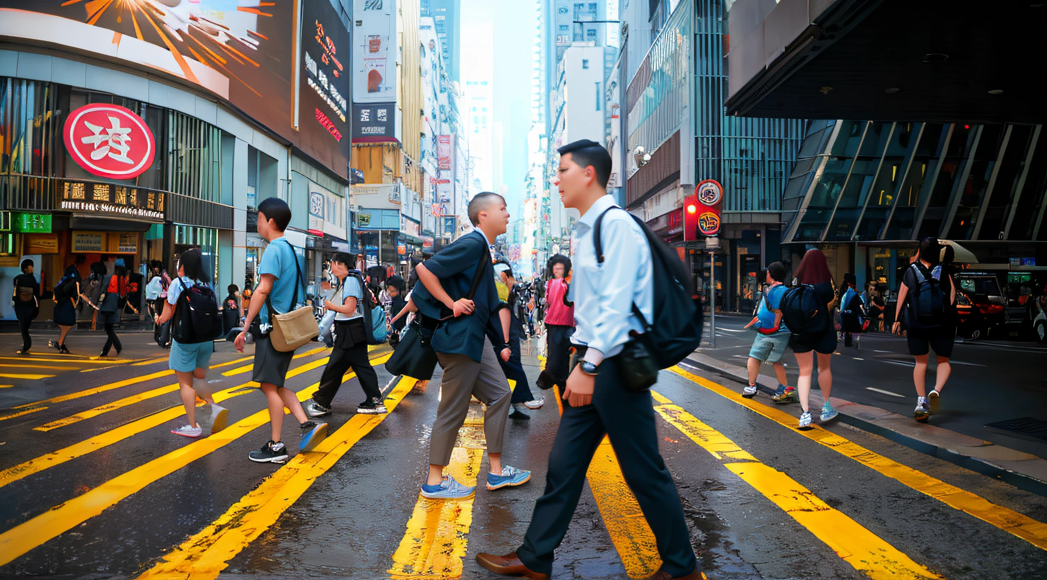 people walking across a crosswalk in a busy city street, travelers walking the streets, streets of hong kong, people walking on street, people walking down a street, people walking in street, busy streets, busy streets filled with people, street of hong kong, busy street, people walking around, people on the streets, people in the streets, pedestrians, crossing road