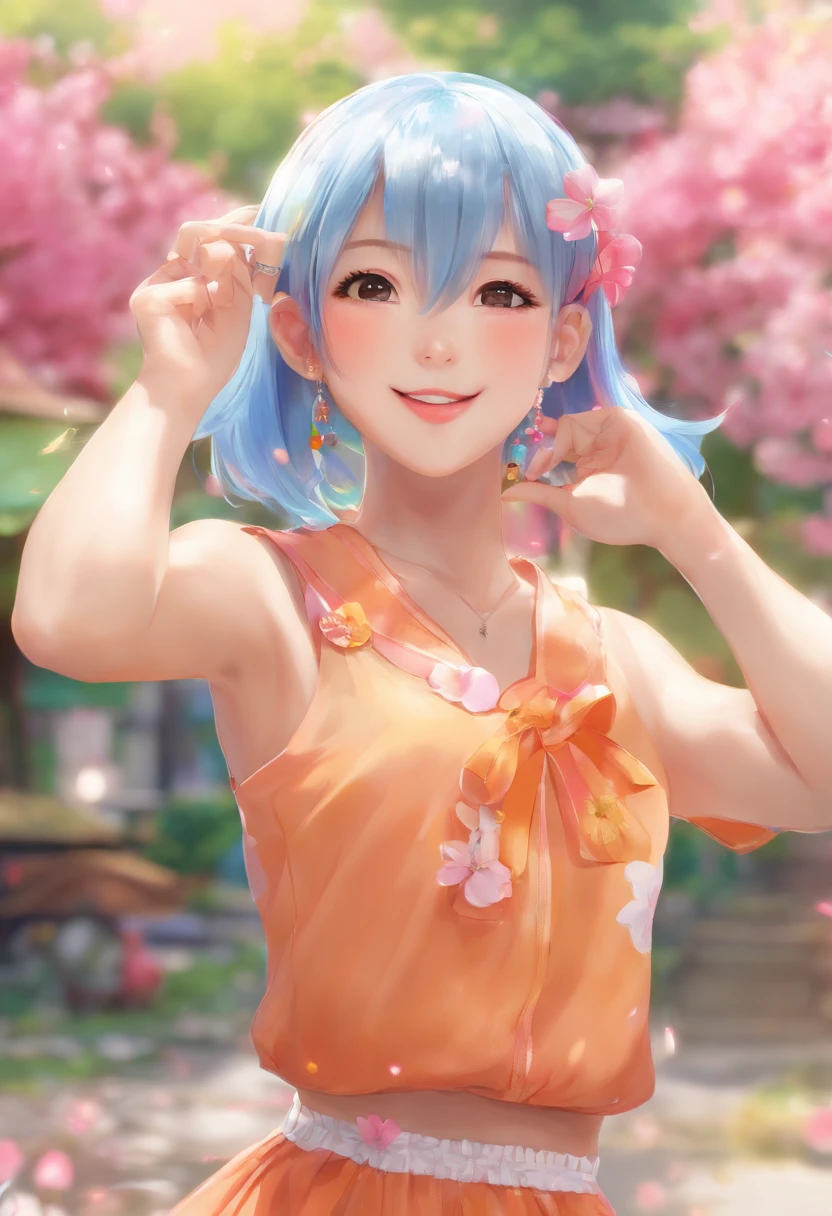 ((top-quality, in 8K,Raw photo)), (Realistic, Photorealsitic: 1.37), (Face Focus: 1.1), cute Japanese girls, short-hair, Hair fluttering in the wind, femele、Japan idol system、(Sleeveless: 1.1)、Skirt, C cup breasts,