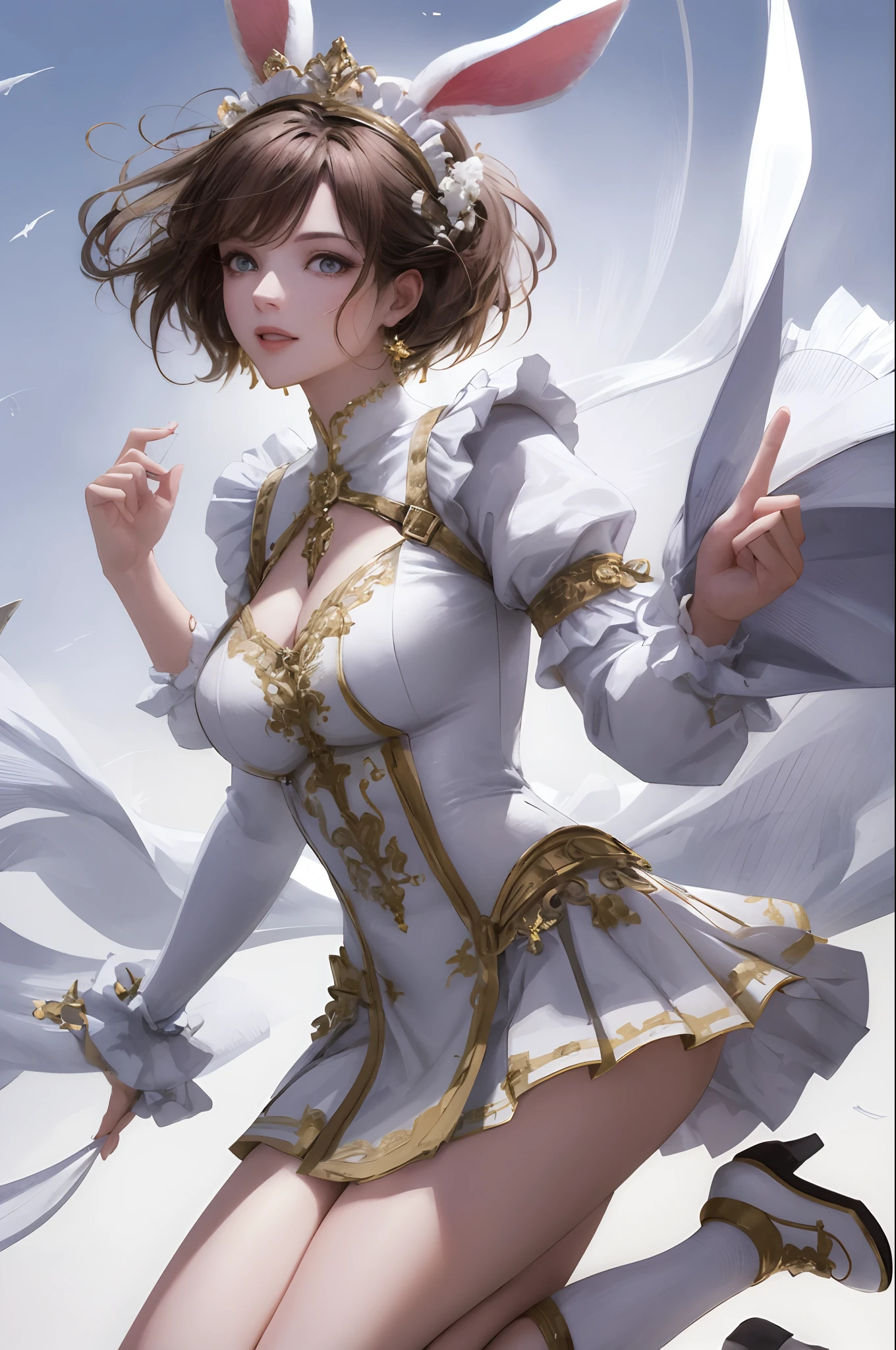 White gradient background，（in a panoramic view：1.2，full bodyesbian：1.2），1个Giant Breast Girl，anatomy correct，Rabbit-shaped headdress，short detailed hair，ssmile，Rabbit pattern clothes，White shoes，perfectly proportions，extremelydetailedface，（Best quality at best，high detal，tmasterpiece，offcial art，movie light effect，4K）