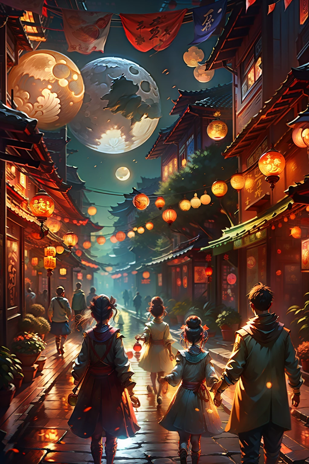 Mid-Autumn Festival poster depicting the street atmosphere，Family reunion，Enjoy the moon together，Children playing with lanterns