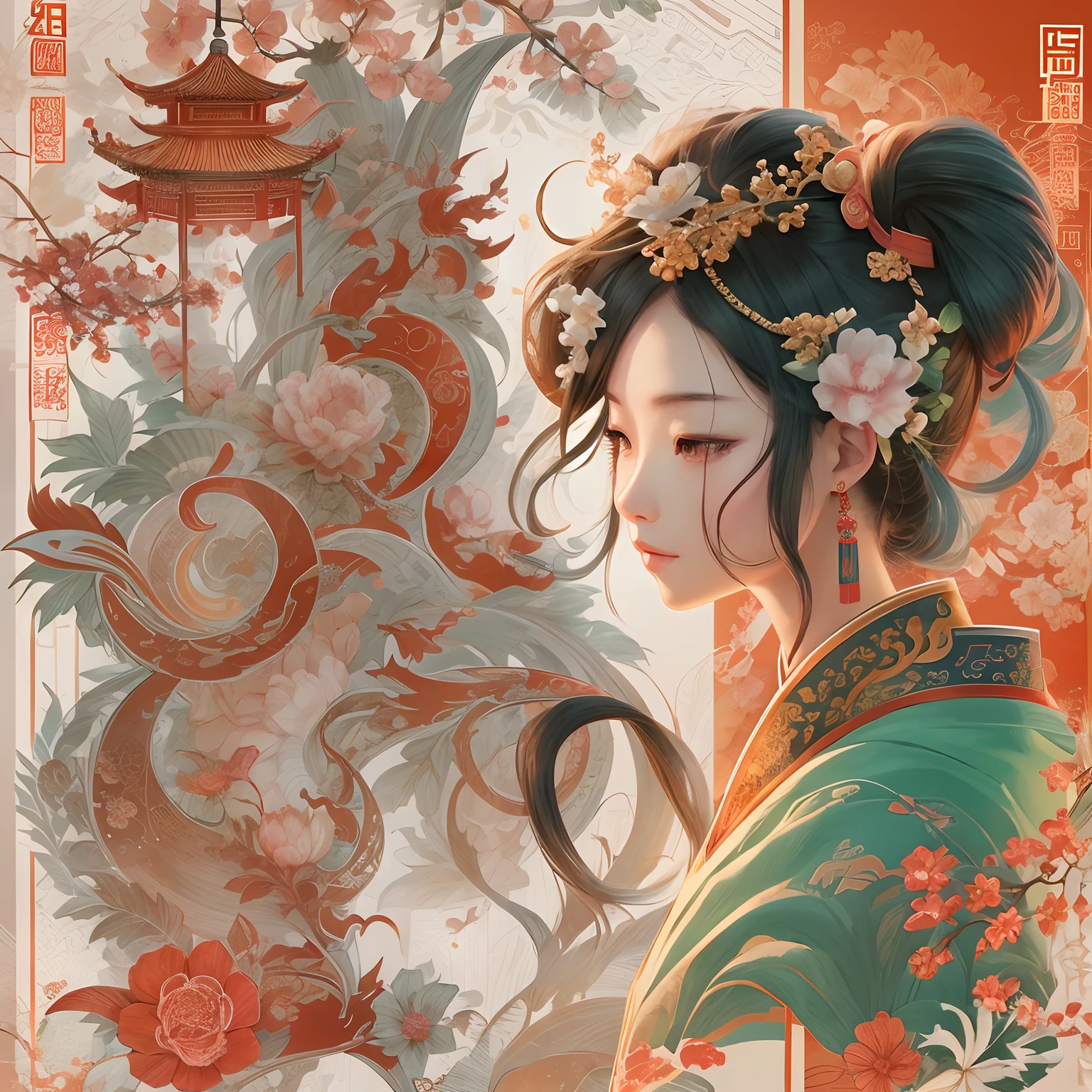 (China - chic Chinese girl,anatomy correct,Oriental elements),(China - funky illustration:1.5,Vector painting:1.5),(Chinese colors,senior color matching,gradient backgrounds,white backgrounid),(The is very detailed,Reasonable design,Clear lines,High- sharpness,best qualtiy,tmasterpiece,offcial art,movie light effect,4K)