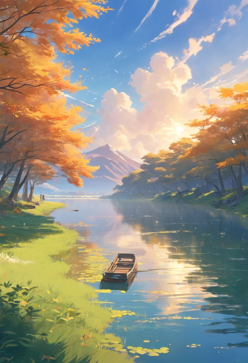 tmasterpiece,Best quality at best,high high quality,Clear lake, Rolling green mountains, A gentle breeze blows through the willow branches, surrounded by cloud, Swallow shuttle, A flock of geese flying in the setting sun, The sadness of parting is intertwined with autumn, Peaceful and natural picture,(Very detailed CG unity 8K wallpaper),most beautiful artwork in the world,Professional majestic oil painting,iintricate,high detal,sharp fokus,dramatics,Realistic painting art