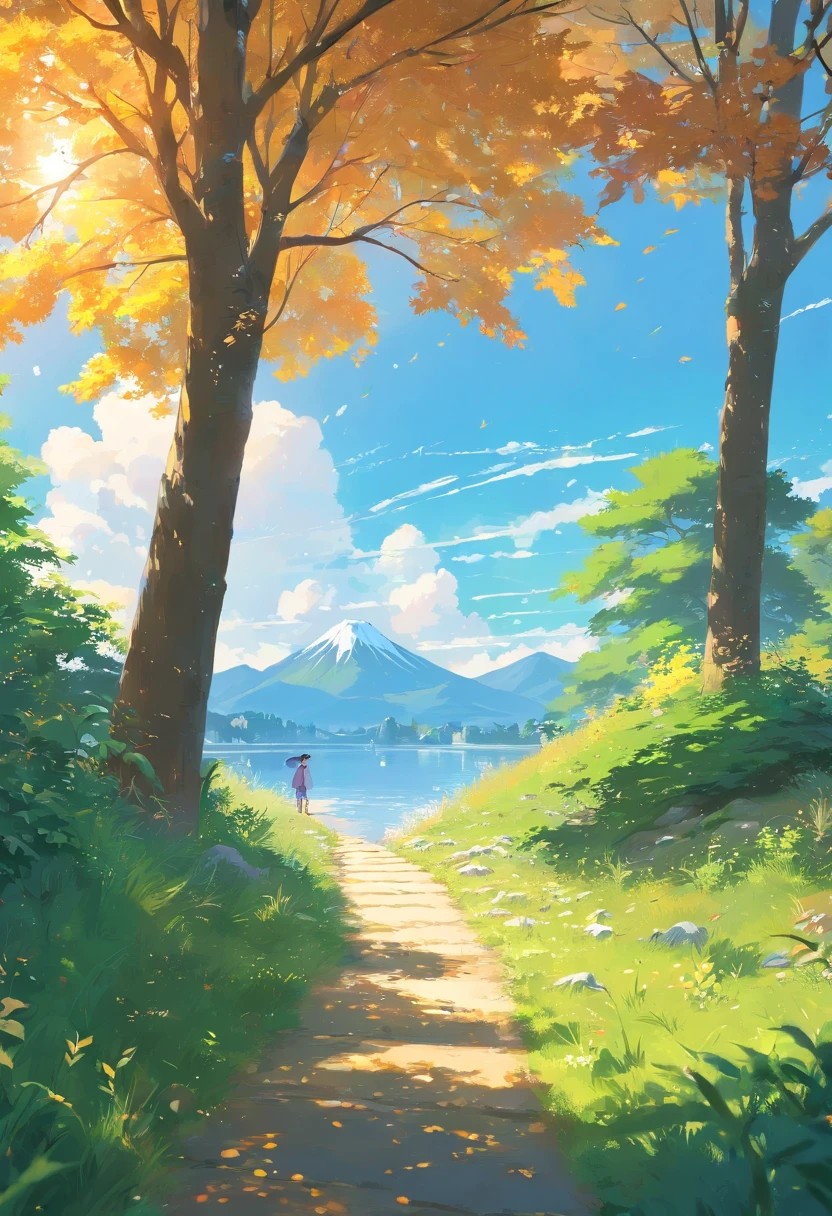 tmasterpiece,Best quality at best,high high quality,Clear lake, Rolling green mountains, A gentle breeze blows through the willow branches, surrounded by cloud, Swallow shuttle, A flock of geese flying in the setting sun, The sadness of parting is intertwined with autumn, Peaceful and natural picture,(Very detailed CG unity 8K wallpaper),most beautiful artwork in the world,Professional majestic oil painting,iintricate,high detal,sharp fokus,dramatics,Realistic painting art