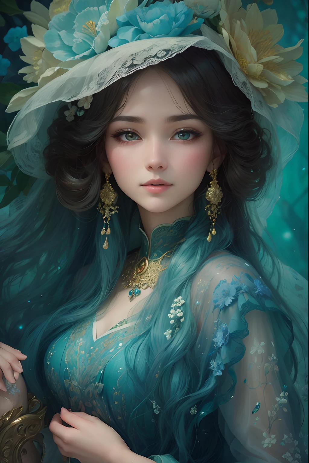 high quality, 8K Ultra HD, full color, etching aquatint, fine lines and shadows, In the heart of Floral Fantasy Wonderland, behold a captivating and ethereal spirit of a beautiful maiden, gracefully adorned with the essence of blooming flowers. Her golden long flowing hair, like silken threads of golden, cascades gracefully down her back, interwoven with delicate floral accents that mirror the surrounding blooms. Her eyes, the color of the deepest forest emeralds, sparkle with a hint of magic and mystery, reflecting the beauty of the floral symphony that surrounds her. In her hand, she holds a delicate bouquet of the most exquisite flowers, their vibrant colors mirroring her own radiant aura. With the clarity and detail of 8K Ultra HD images, every petal, every hue, and every expression of her otherworldly charm come to life in vivid splendor,
